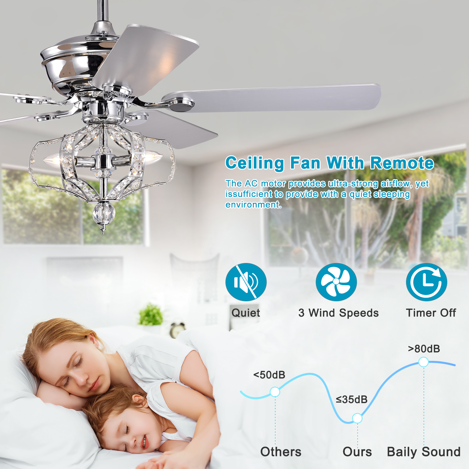 Crystal Ceiling Fan with Lights Fandelier Chandelier Reversible Blades 3 Wind Speeds Remote Control for Bedroom Living Dining Room Chrome 52 Inch