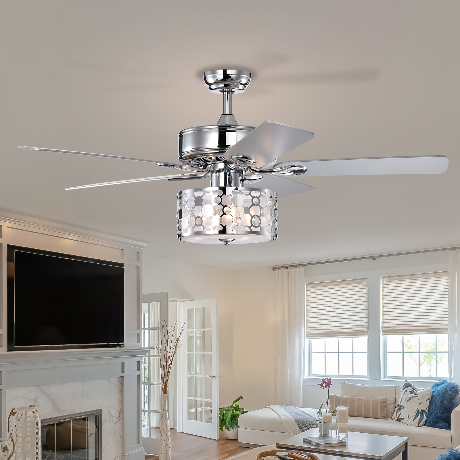 52" Elegant Ceiling Fan Light with Remote,  Crystal Chandelier Fan 5 Chrome Reversible Wood Blades for Dinning Room Bedroom Living Room