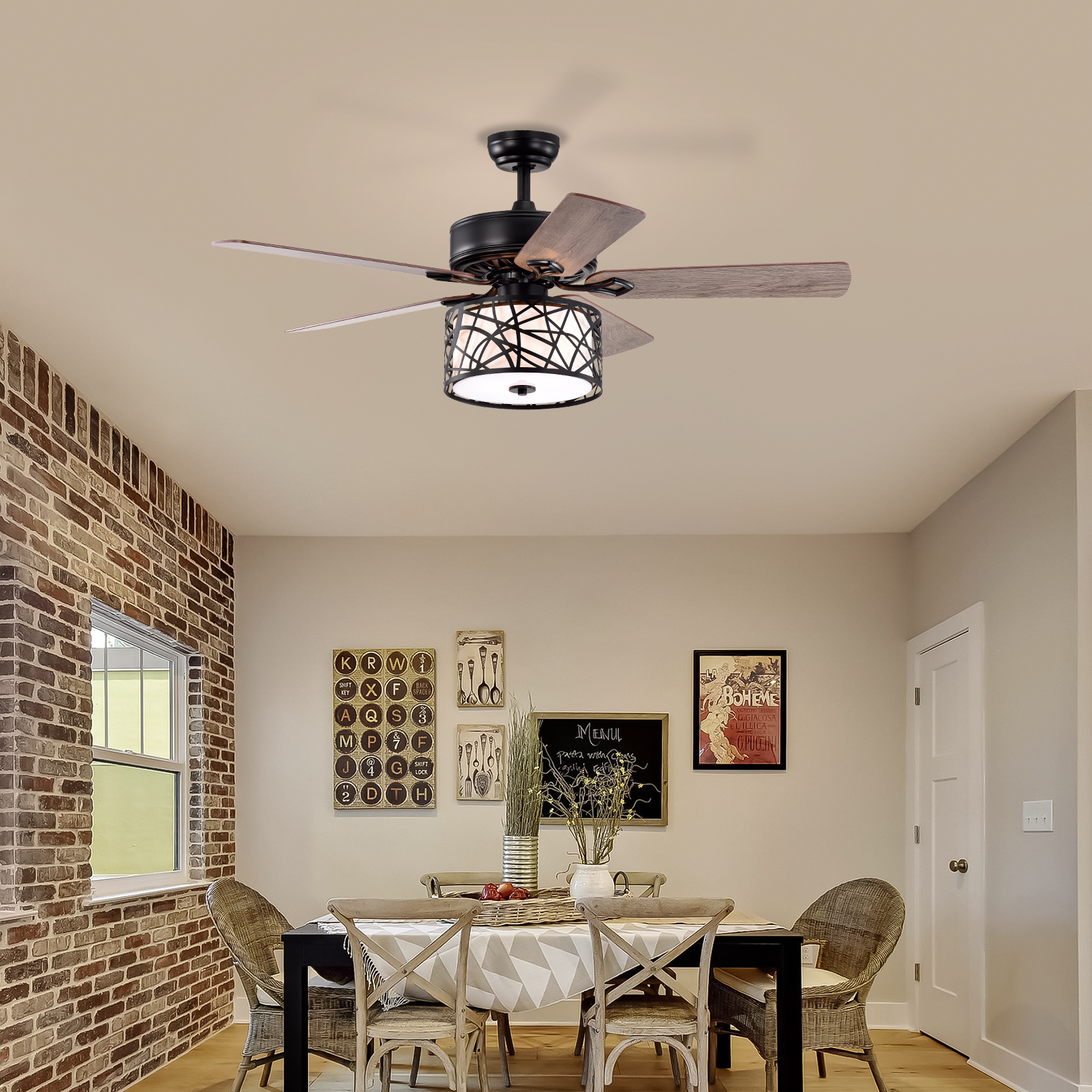 52'' Low Profile Ceiling Fan with Lights(no include bulb),Blade Dark Wood Ceiling fan