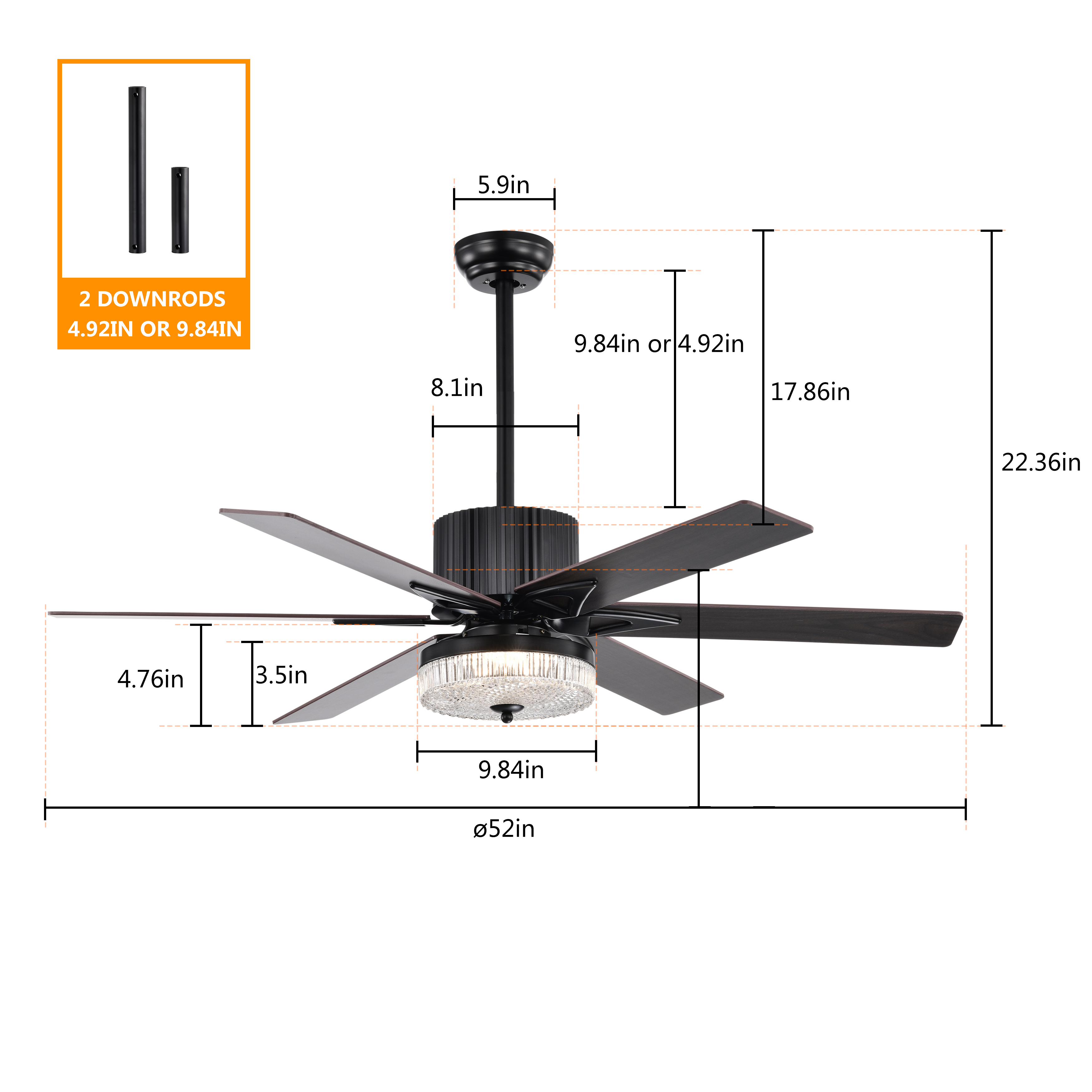 52 Inch Indoor Modern LED Ceiling Fan with Light and Remote Control, Reversible 5 Blades , Reversible Motor  - (Matte Black)