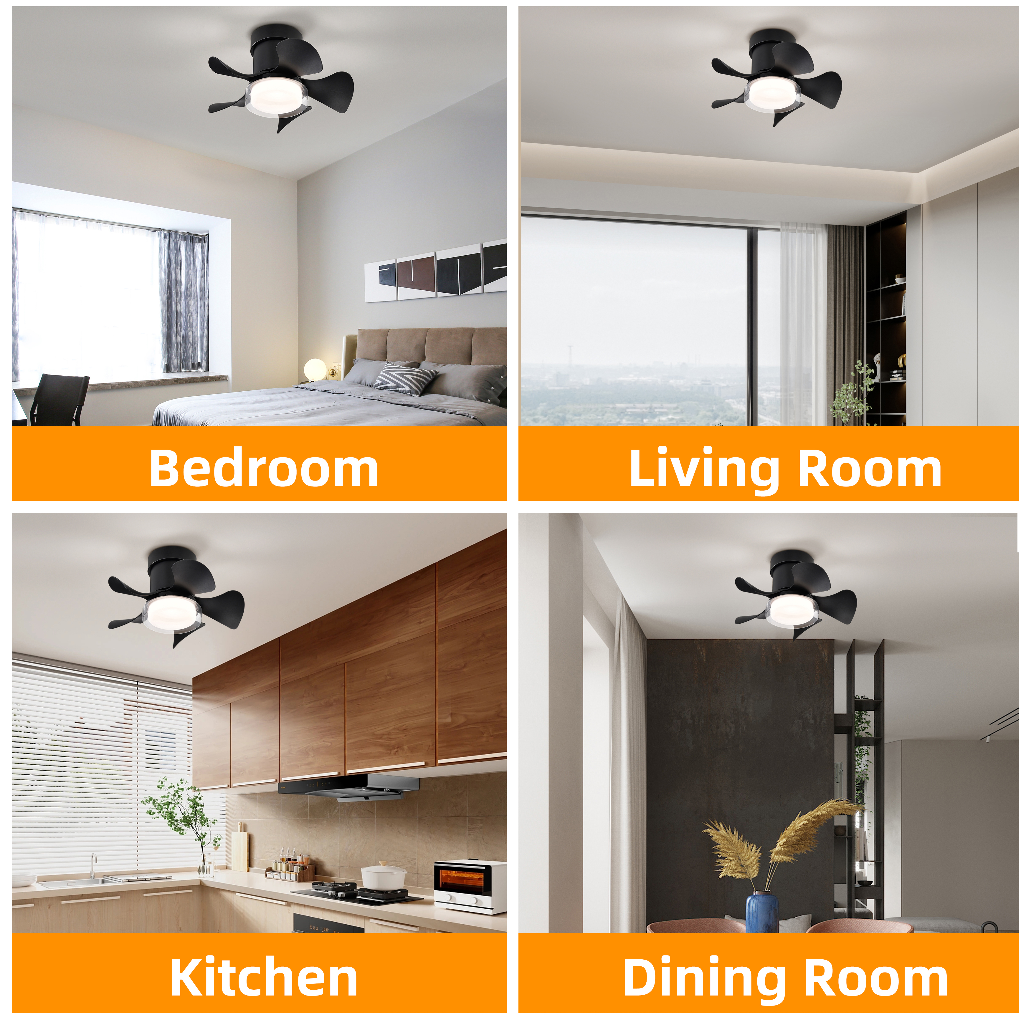 21''  low noise matte black abs blade remote ceiling fan with led light for Kitchen Bedroom Dining room Toilet Patio (Matt Black)