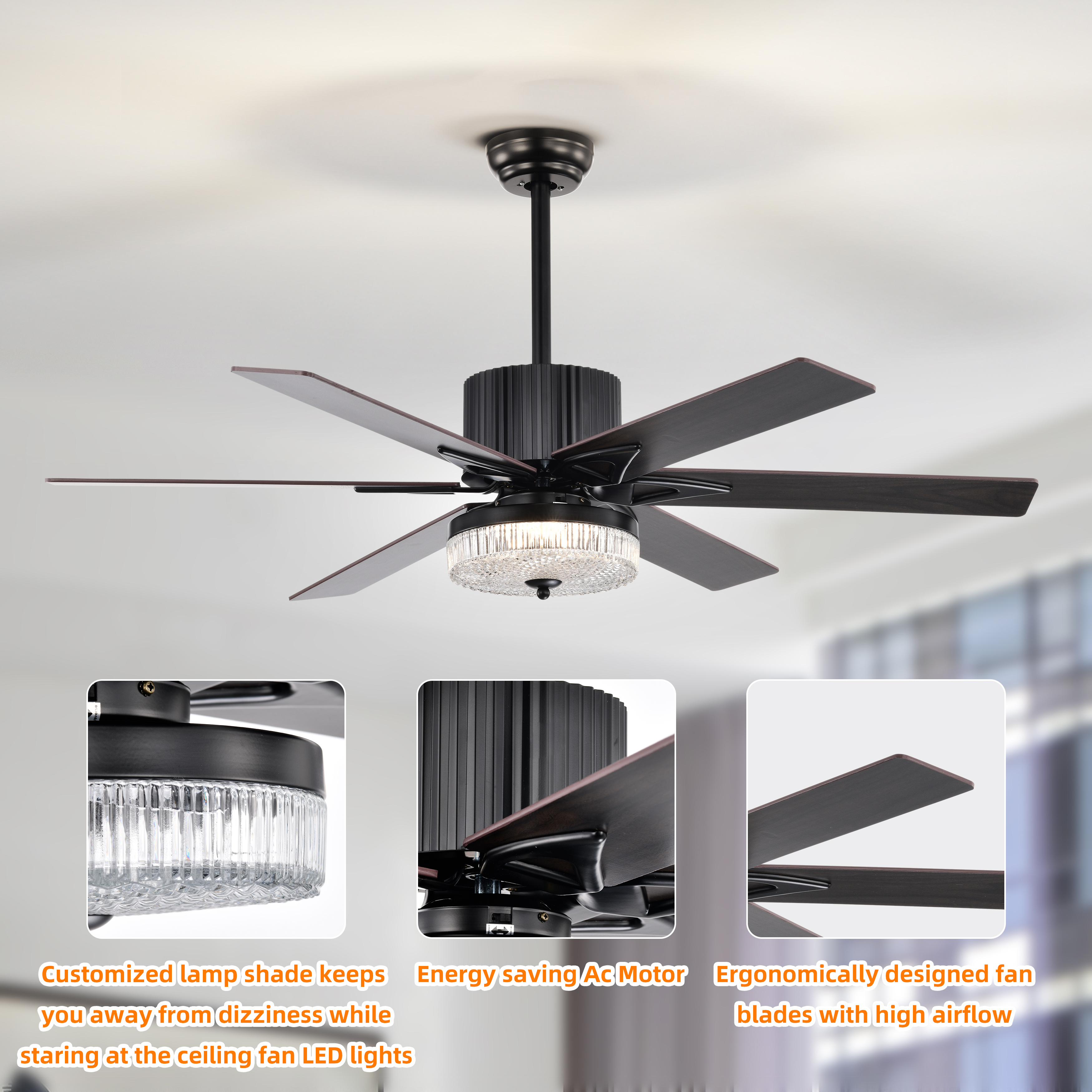 52 Inch Indoor Modern LED Ceiling Fan with Light and Remote Control, Reversible 5 Blades , Reversible Motor  - (Matte Black)