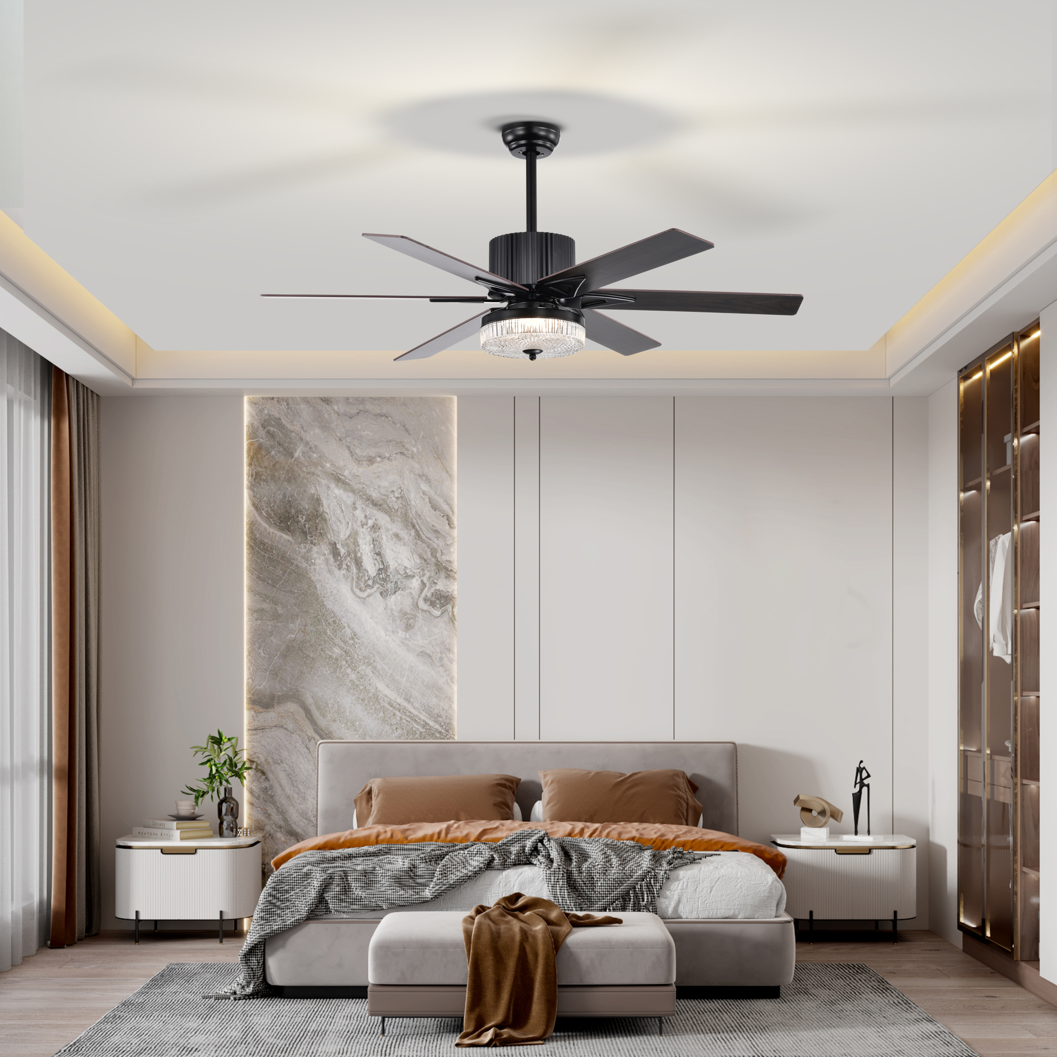 52 Inch Indoor Modern LED Ceiling Fan with Light and Remote Control, Reversible 5 Blades , Reversible Motor  - (Matte Black)