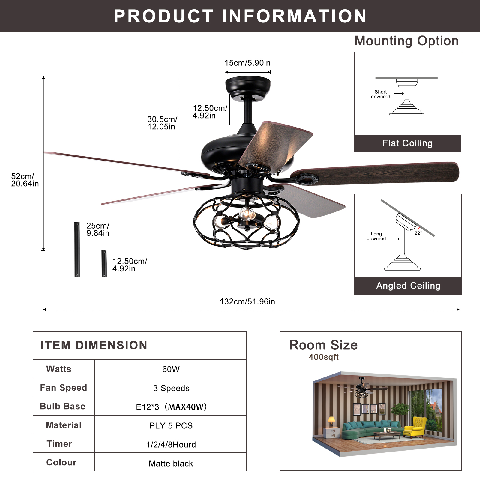 Low Profile Ceiling Fan with Lights(no include bulb),Blade Dark Wood  52-inch Ceiling Fan (Optional Remote&2 Color Option Blades)