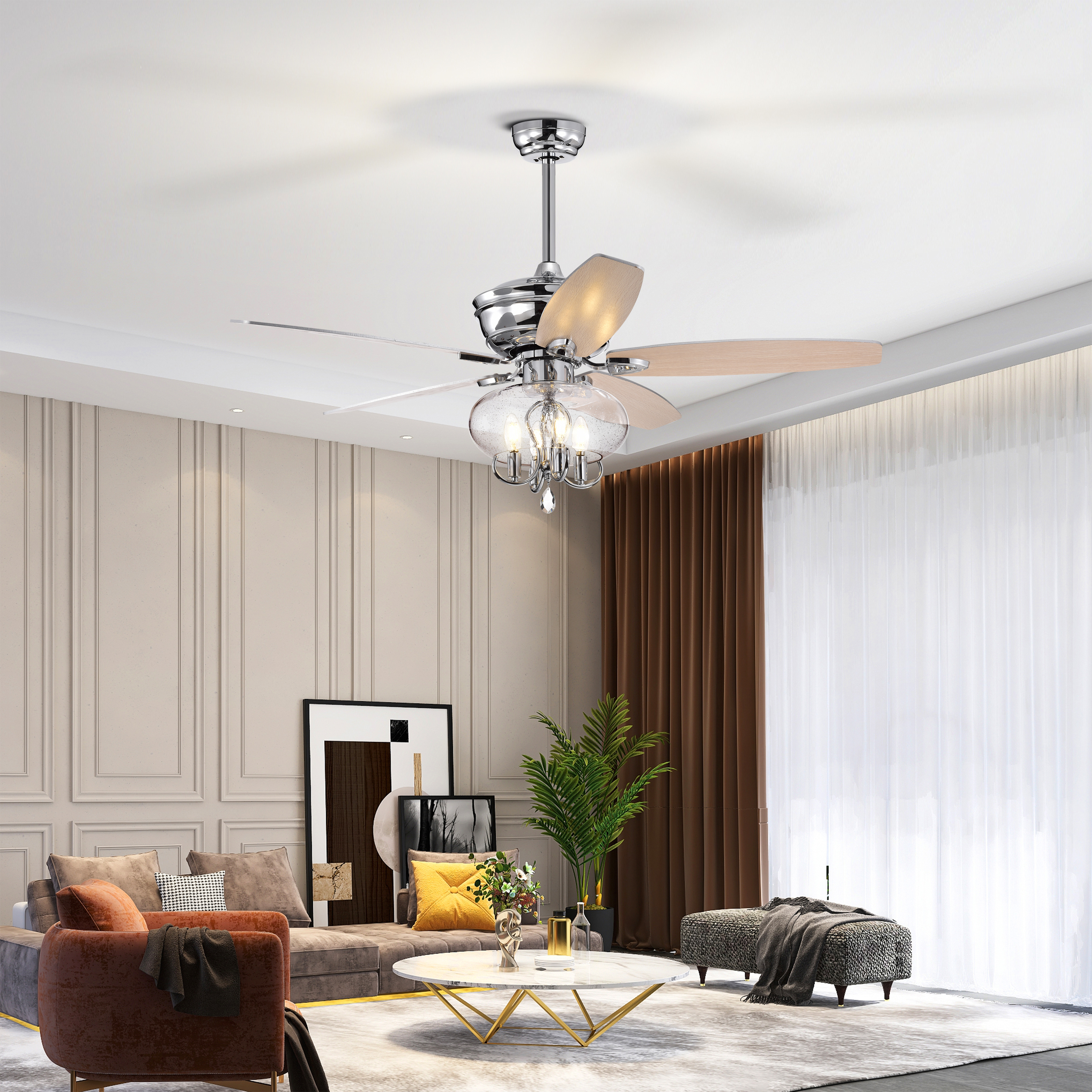 52" Crystal  Chandelier Fan with Remote, Classic, Glam, Traditional, Transitional for Home, Kitchen, Dining Room, Guest Room, Living Room, Chrome