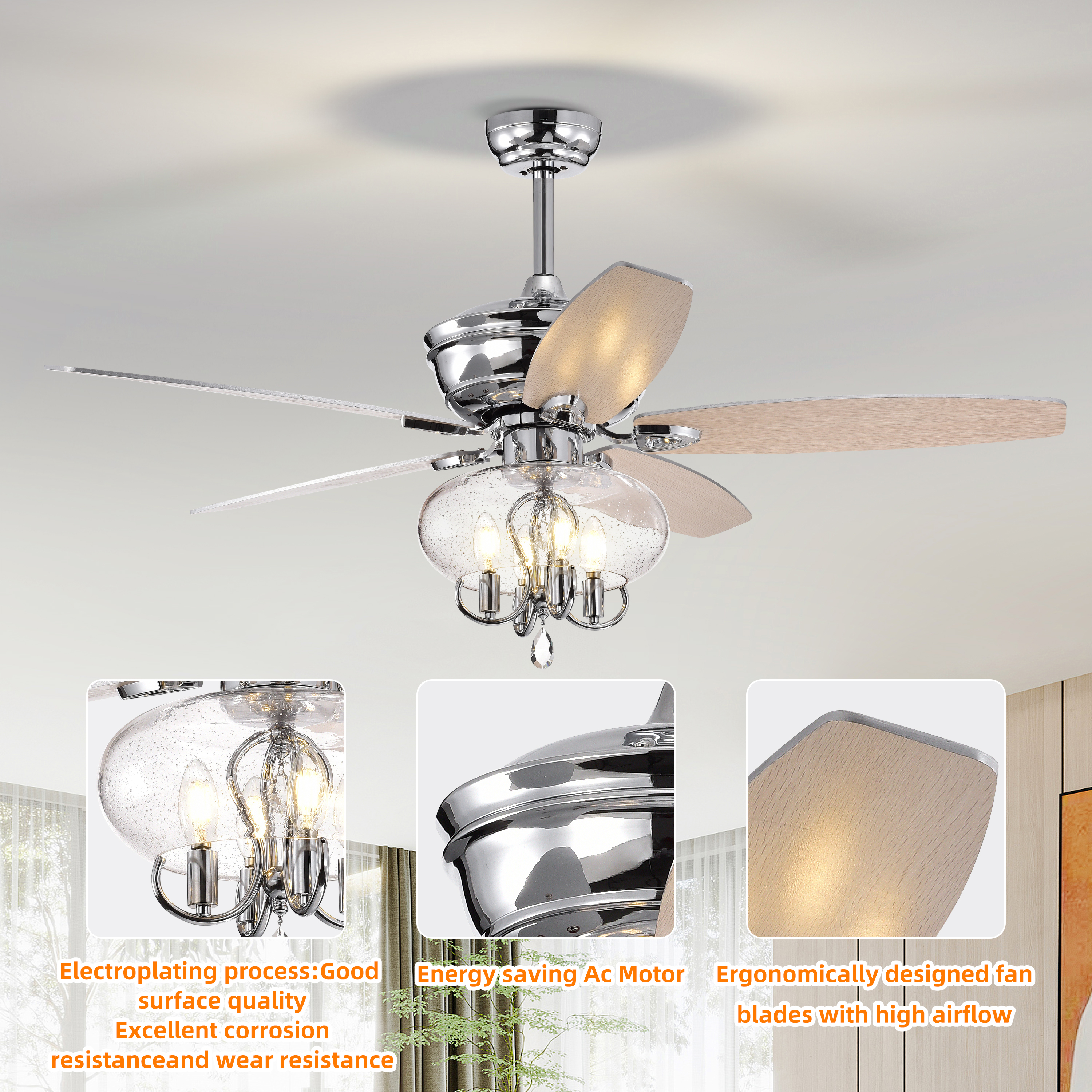 52" Crystal  Chandelier Fan with Remote, Classic, Glam, Traditional, Transitional for Home, Kitchen, Dining Room, Guest Room, Living Room, Chrome