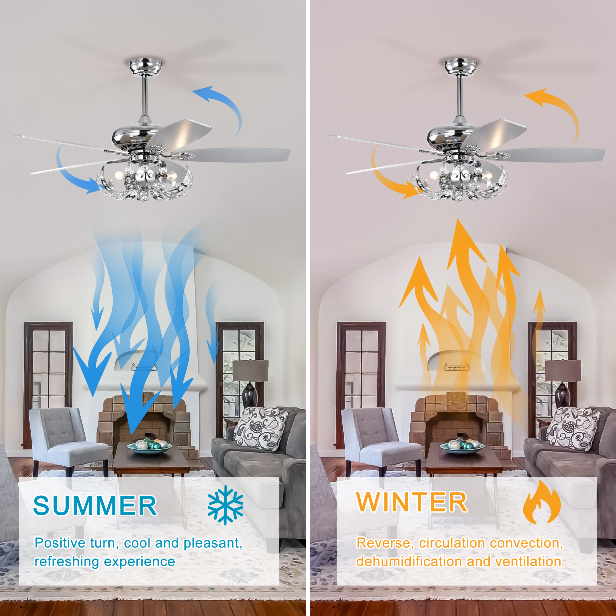 52" Crystal Ceiling Fan with 5 Reversible Blades Light Kit and Remote Control, 3-Speed (High, Mid,Low) Adjustable for Living Room, Bedroom, Kitchen