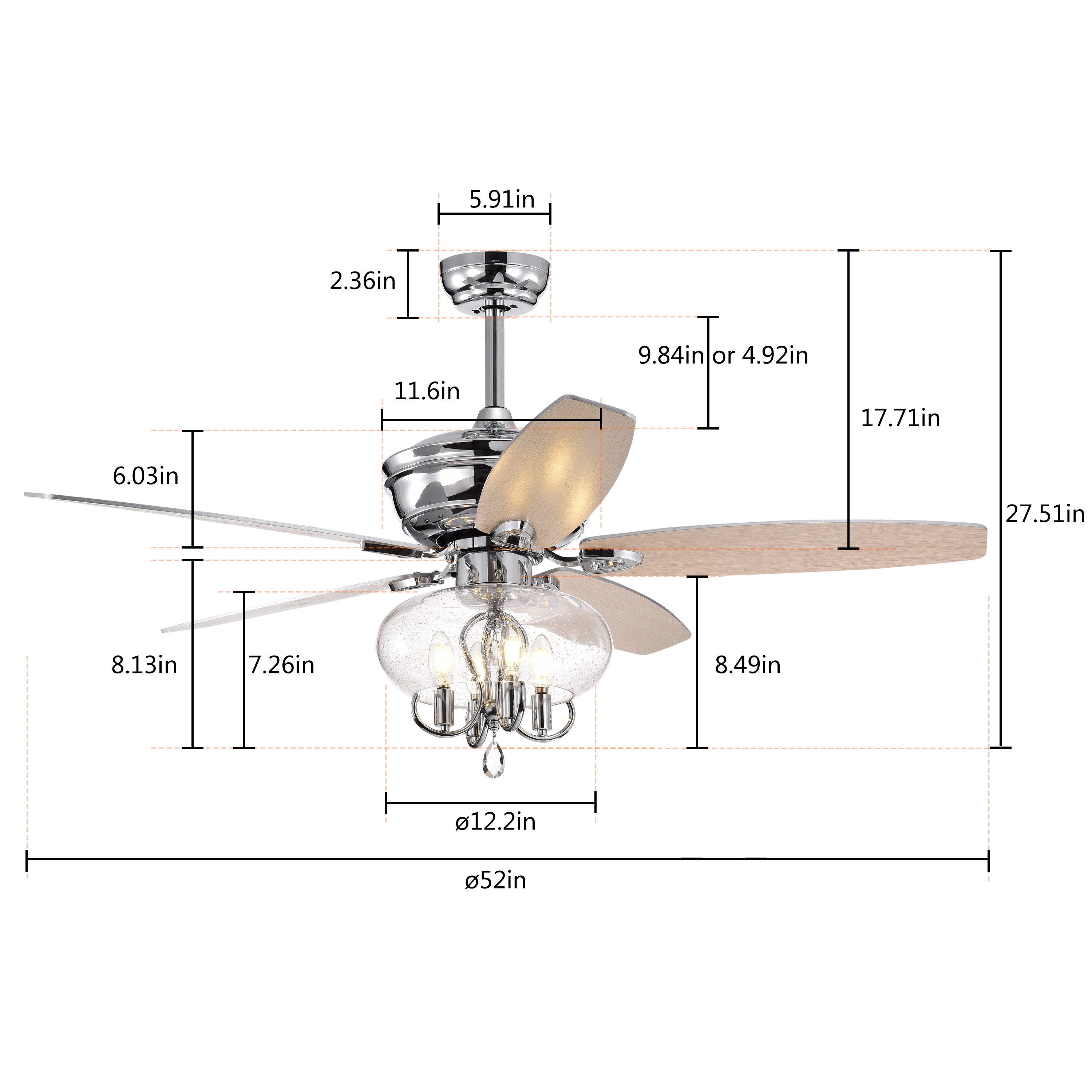 52" Crystal  Chandelier Fan with Remote, Classic, Glam, Traditional, Transitional for Home, Kitchen, Dining Room, Guest Room, Living Room, Chrome