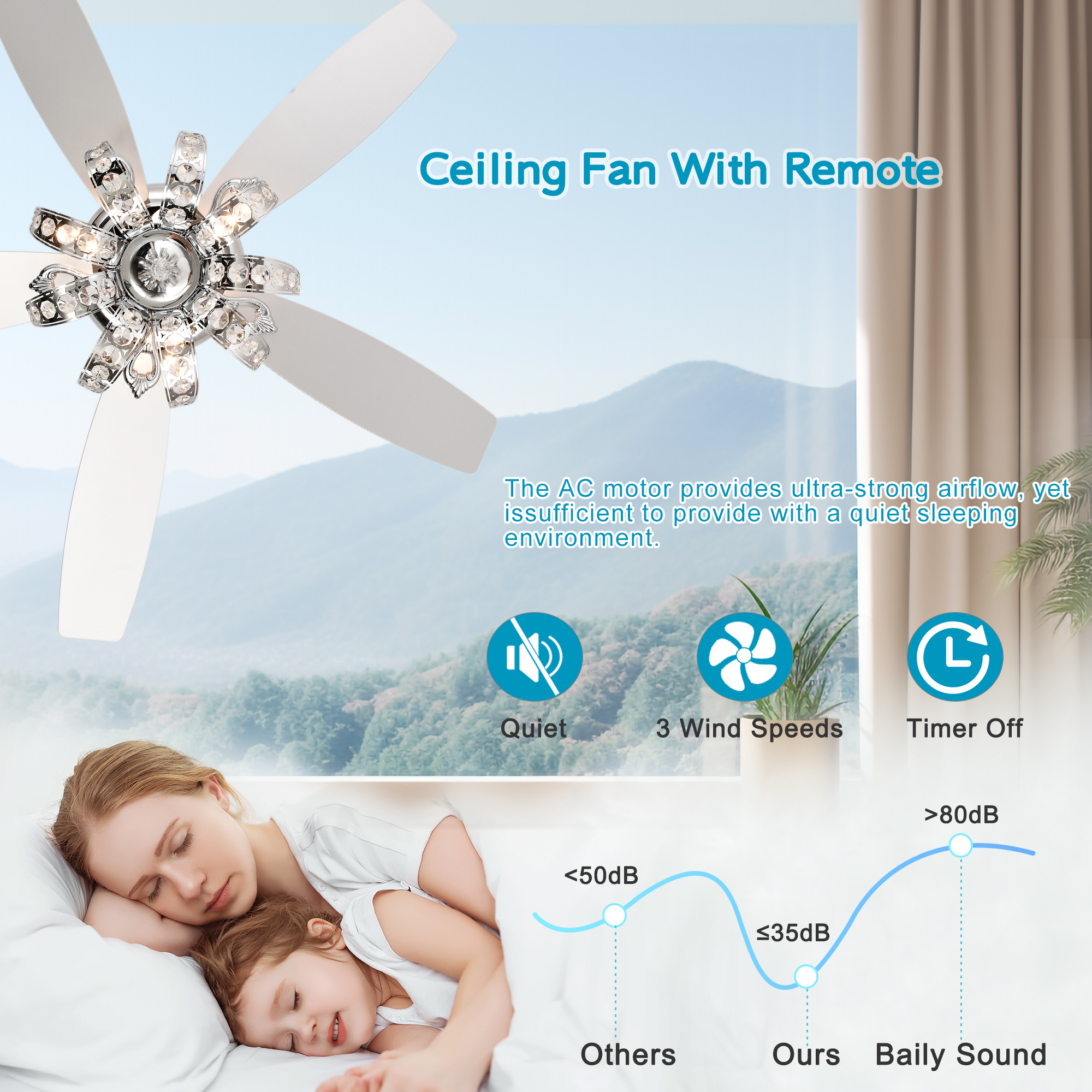 52" Crystal Ceiling Fan with 5 Reversible Blades Light Kit and Remote Control, 3-Speed (High, Mid,Low) Adjustable for Living Room, Bedroom, Kitchen