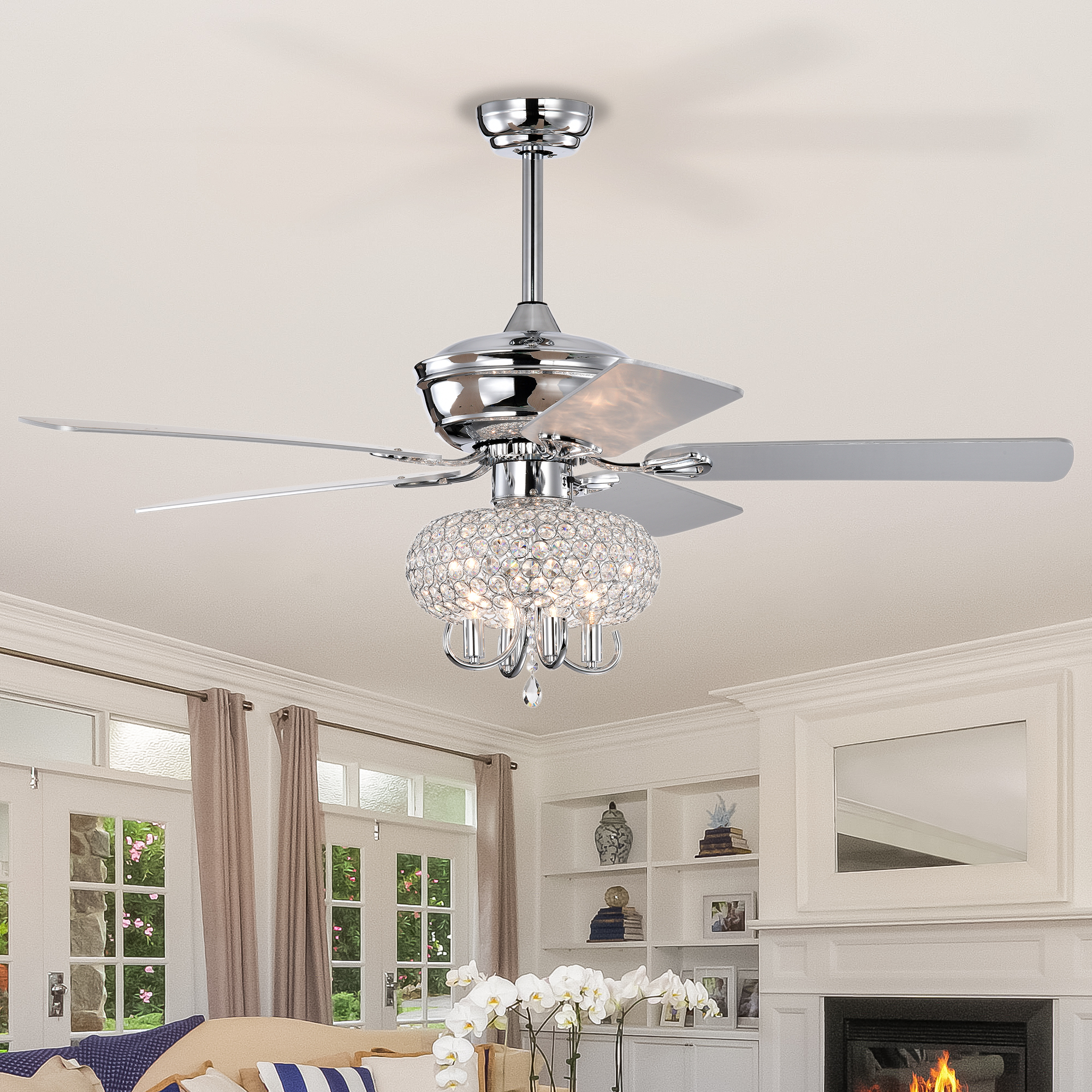 52 inch Crystal Ceiling Fan with Lights Fandelier Chandelier Reversible Blades 3 Wind Speeds Remote Control for Bedroom Living Dining Room--Chrome