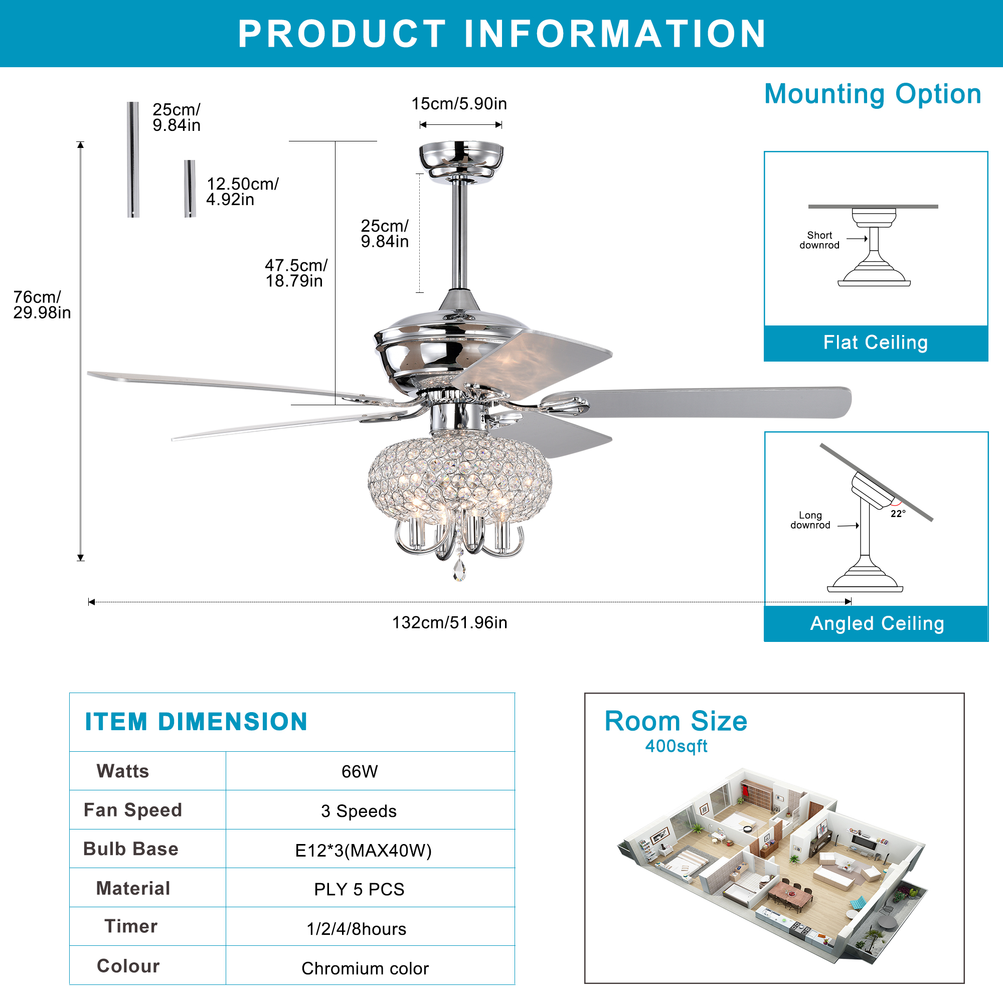 52 inch Crystal Ceiling Fan with Lights Fandelier Chandelier Reversible Blades 3 Wind Speeds Remote Control for Bedroom Living Dining Room--Chrome