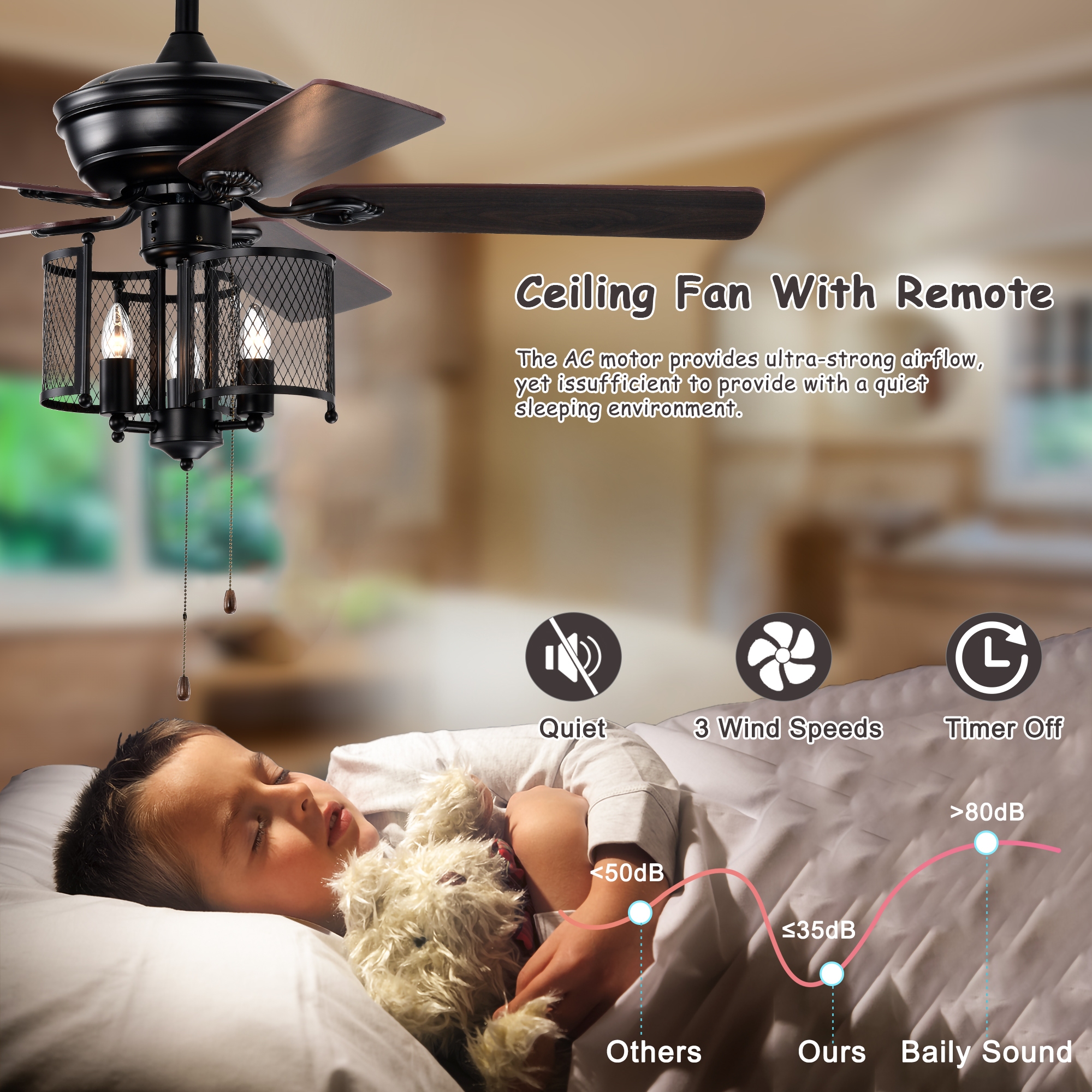 52'' Farmhouse Ceiling Fan  5PCS  Dual Finish Blades  Industrial Fandelier for Living room Bedroom Patio --Matte Black--Hand Pull Chain