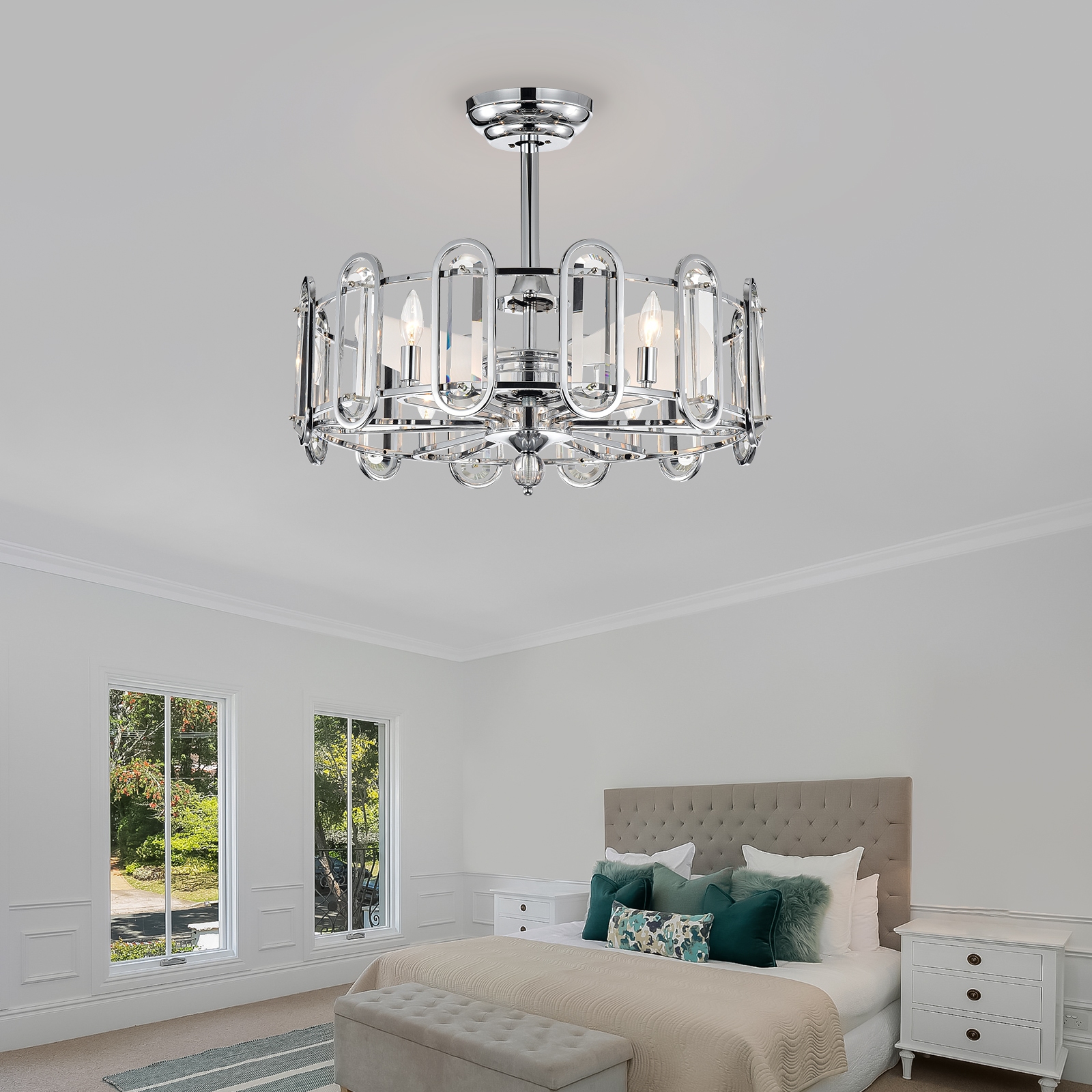 Dia 26 inch Crystal Chandelier Ceiling Fan Vintage Fandelier Flush Mounted Invisible for Bedroom Dining Room Living Room Kitchen Farmhouse Entry, Chrome