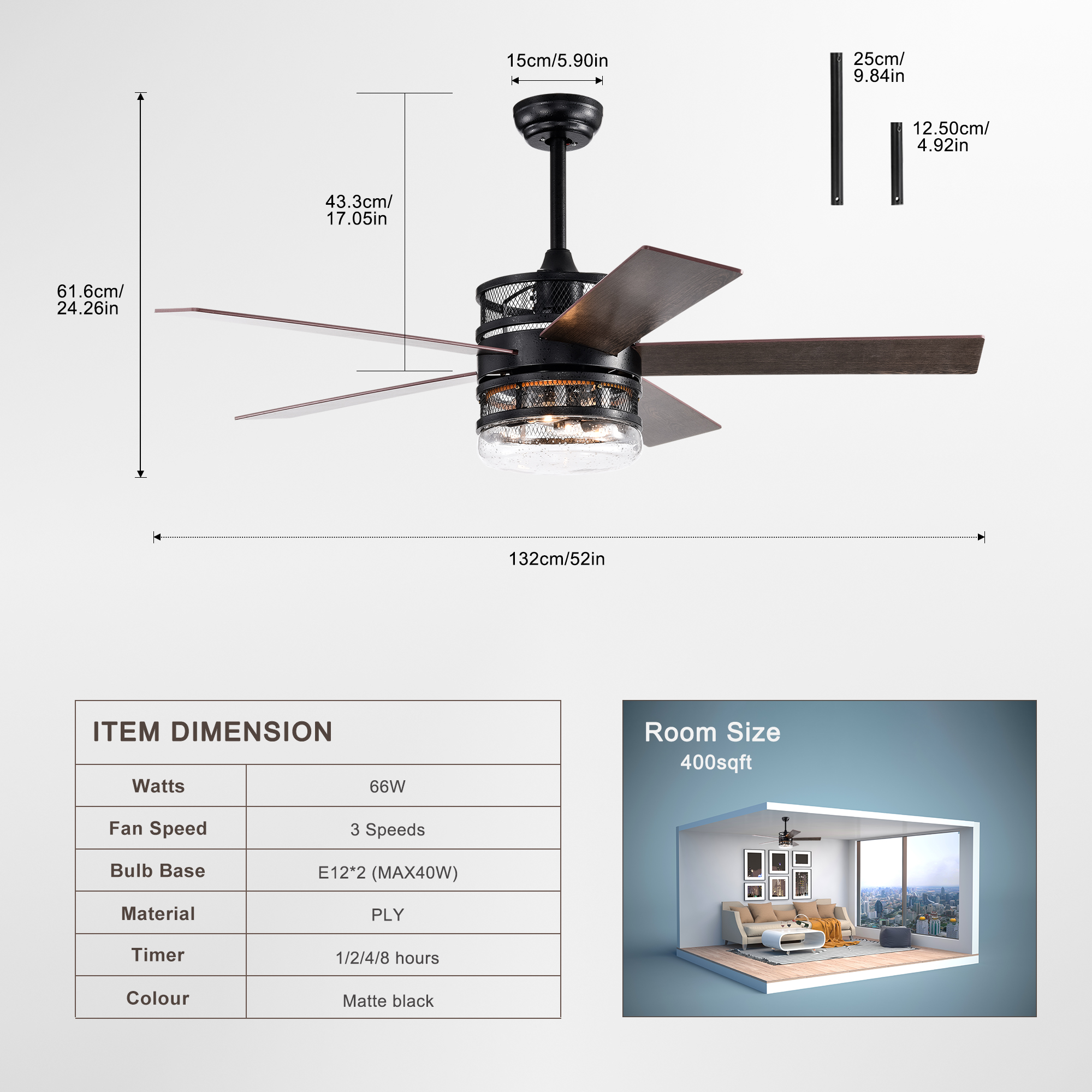 52-inch 5-blade Lighted Ceiling Fan with Remote Control , Glass Shade (Optional Remote) --Matte Black