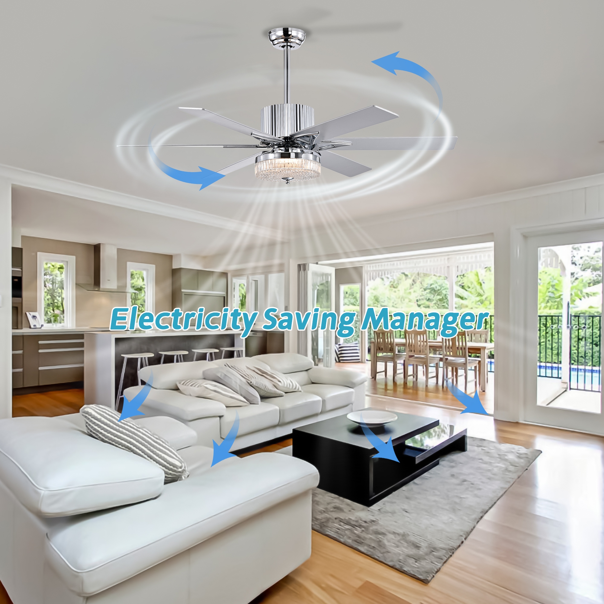 52'' Modern Ceiling Fans with Remote,Wood Ceiling Fan with Lights,LED Ceiling Fan Light with 6 Blade,3 Speed AC Motor Indoor Ceiling Fan for Patio,Living Room,Bedroom--Chrome