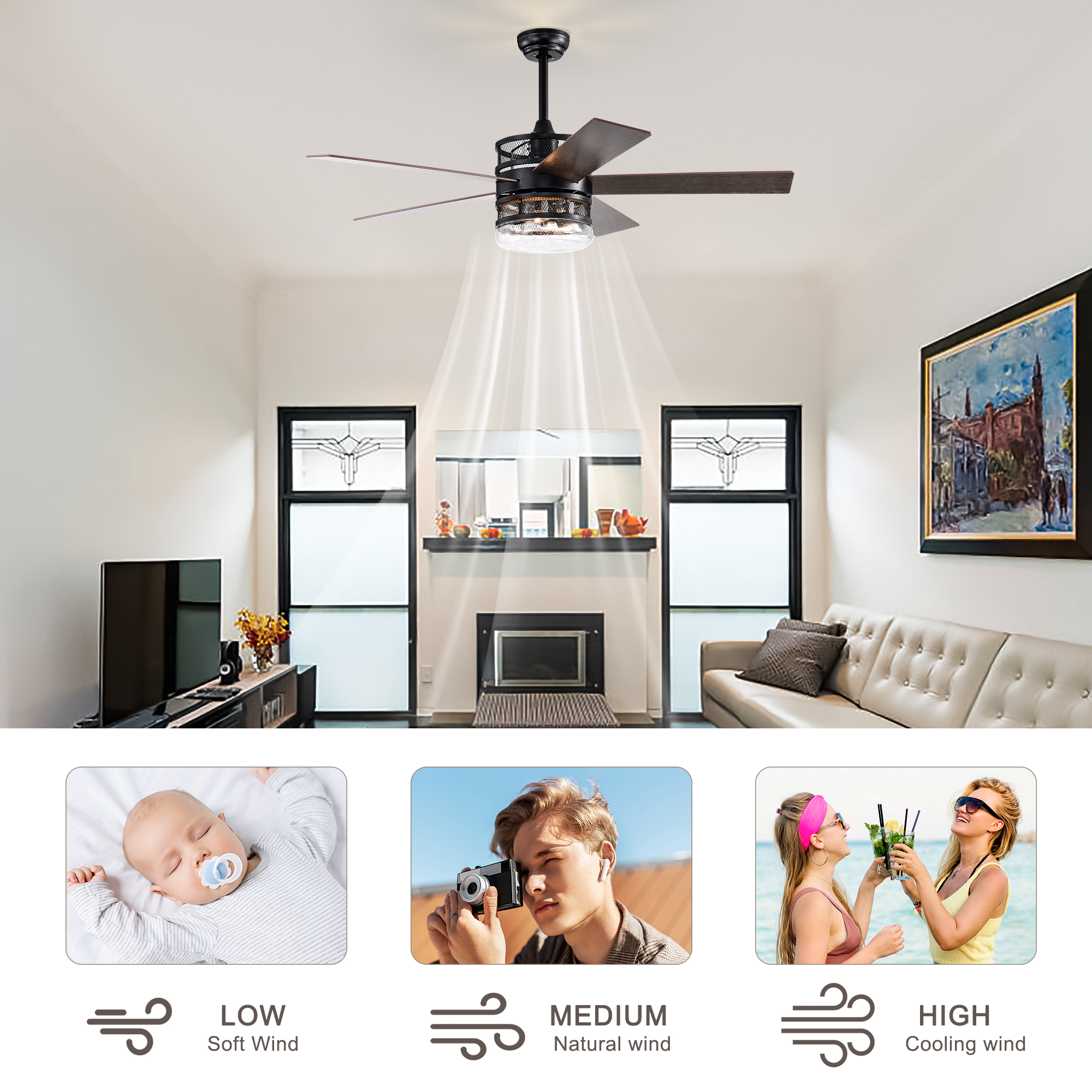 52-inch 5-blade Lighted Ceiling Fan with Remote Control , Glass Shade (Optional Remote) --Matte Black