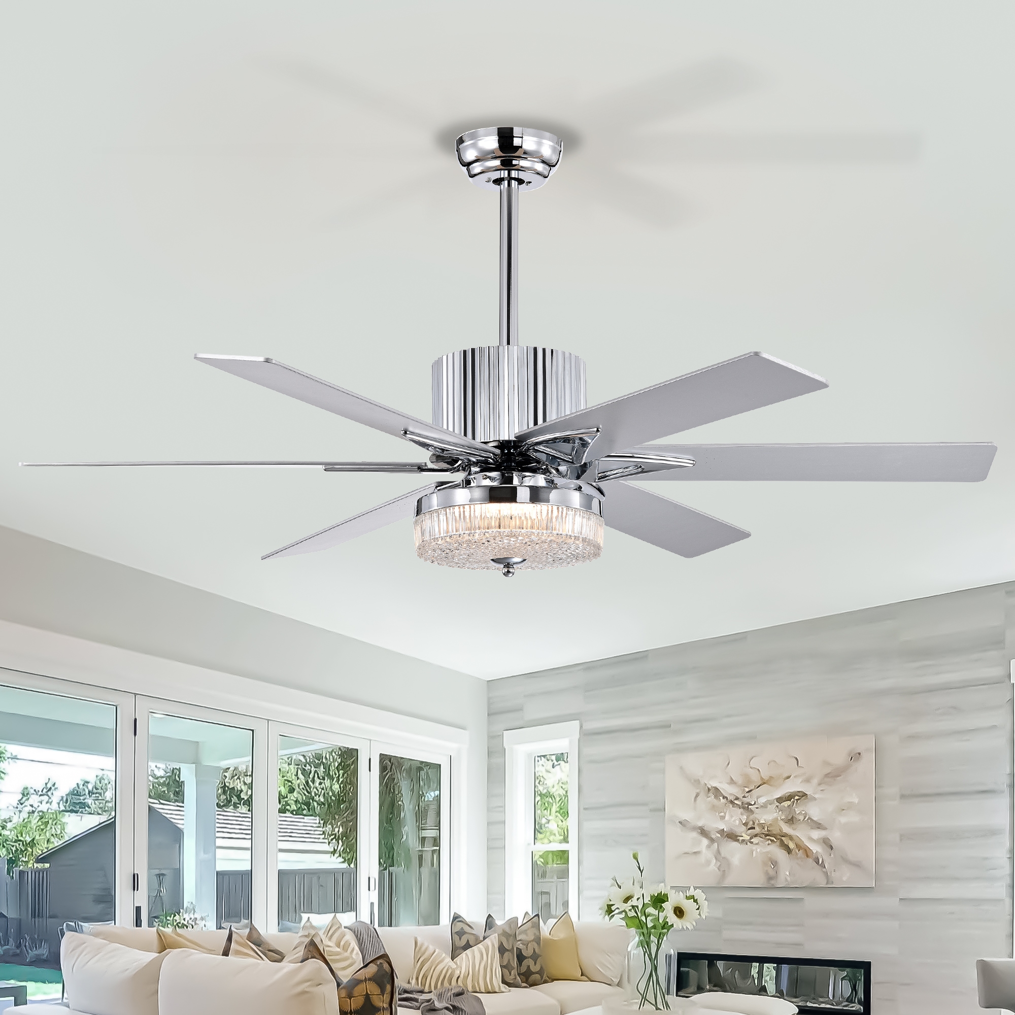 52'' Modern Ceiling Fans with Remote,Wood Ceiling Fan with Lights,LED Ceiling Fan Light with 6 Blade,3 Speed AC Motor Indoor Ceiling Fan for Patio,Living Room,Bedroom--Chrome