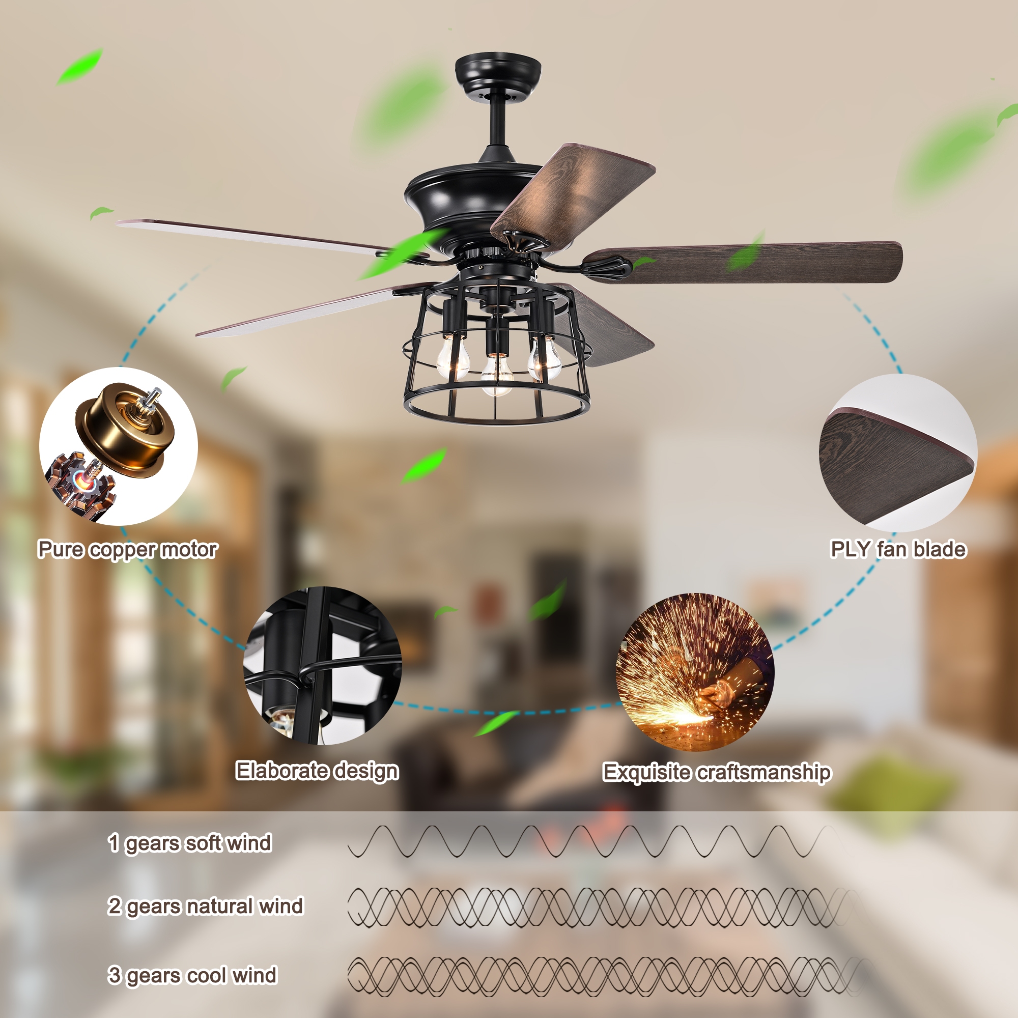 52'' Farmhouse Ceiling Fan with Lights, 52 Inch Industrial Cage Ceiling Fan Light, Indoor Outdoor Ceiling Fan with Remote, Reversible AC Motor for Farmhouse Patios Bedroom Garage 3&E26 --Matte Blac