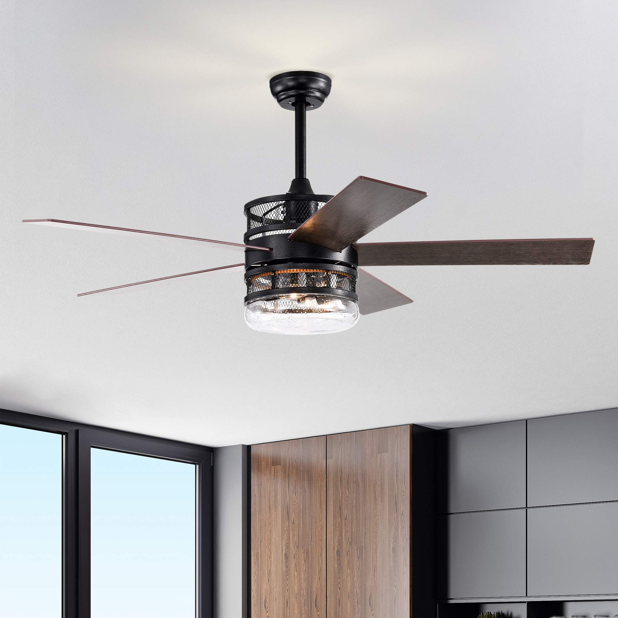 52-inch 5-blade Lighted Ceiling Fan with Remote Control , Glass Shade (Optional Remote) --Matte Black