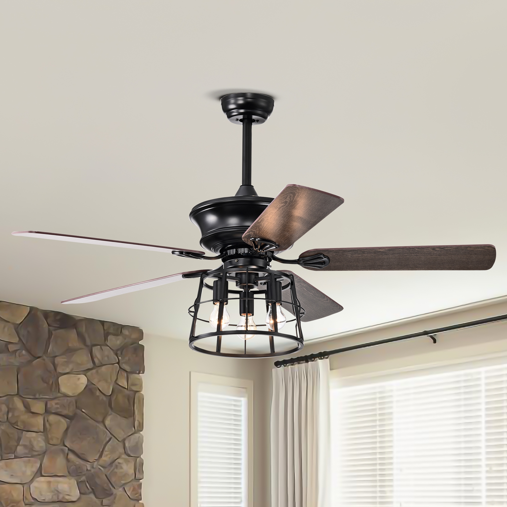 52'' Farmhouse Ceiling Fan with Lights, 52 Inch Industrial Cage Ceiling Fan Light, Indoor Outdoor Ceiling Fan with Remote, Reversible AC Motor for Farmhouse Patios Bedroom Garage 3&E26 --Matte Blac