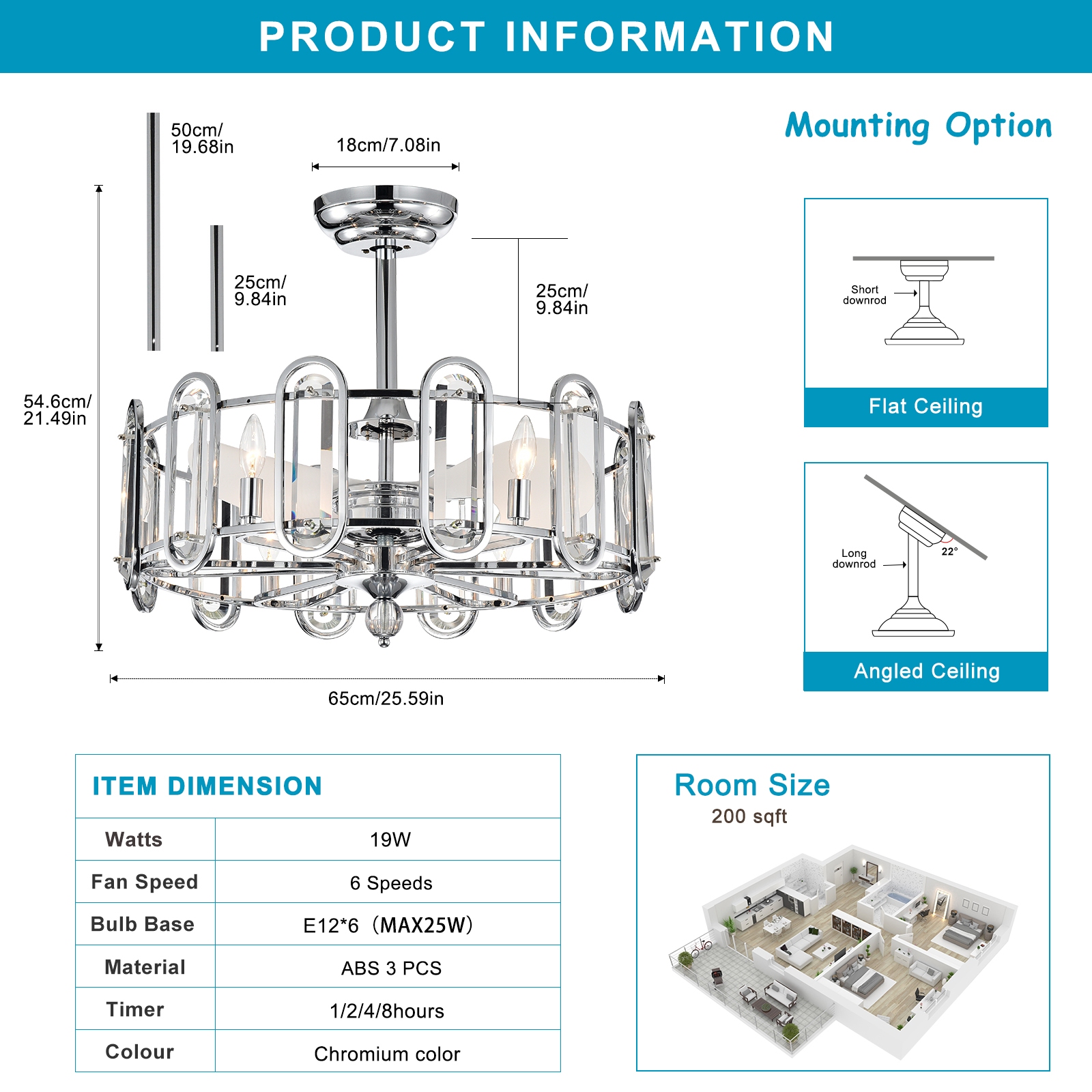 Dia 26 inch Crystal Chandelier Ceiling Fan Vintage Fandelier Flush Mounted Invisible for Bedroom Dining Room Living Room Kitchen Farmhouse Entry, Chrome