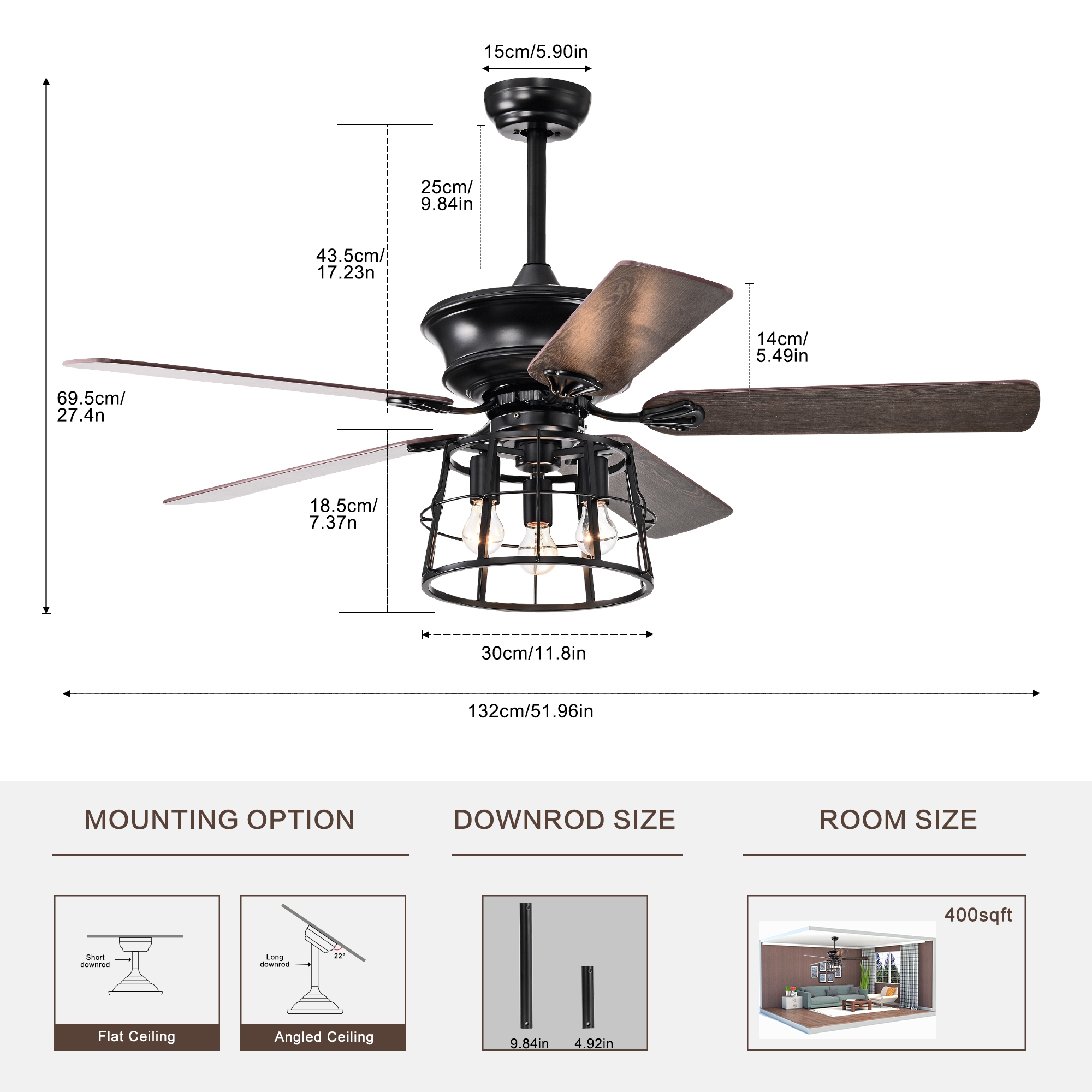 52'' Farmhouse Ceiling Fan with Lights, 52 Inch Industrial Cage Ceiling Fan Light, Indoor Outdoor Ceiling Fan with Remote, Reversible AC Motor for Farmhouse Patios Bedroom Garage 3&E26 --Matte Blac