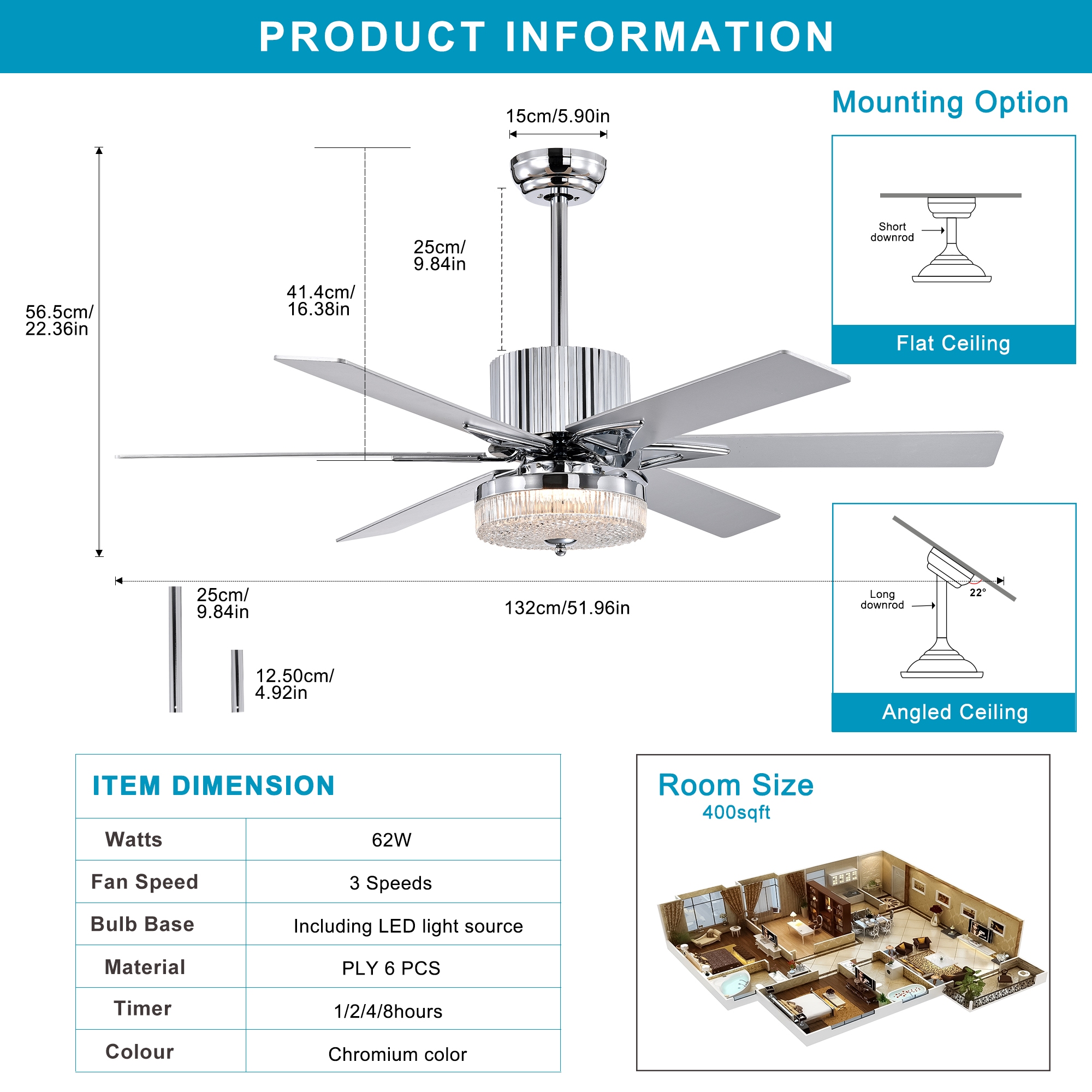 52'' Modern Ceiling Fans with Remote,Wood Ceiling Fan with Lights,LED Ceiling Fan Light with 6 Blade,3 Speed AC Motor Indoor Ceiling Fan for Patio,Living Room,Bedroom--Chrome