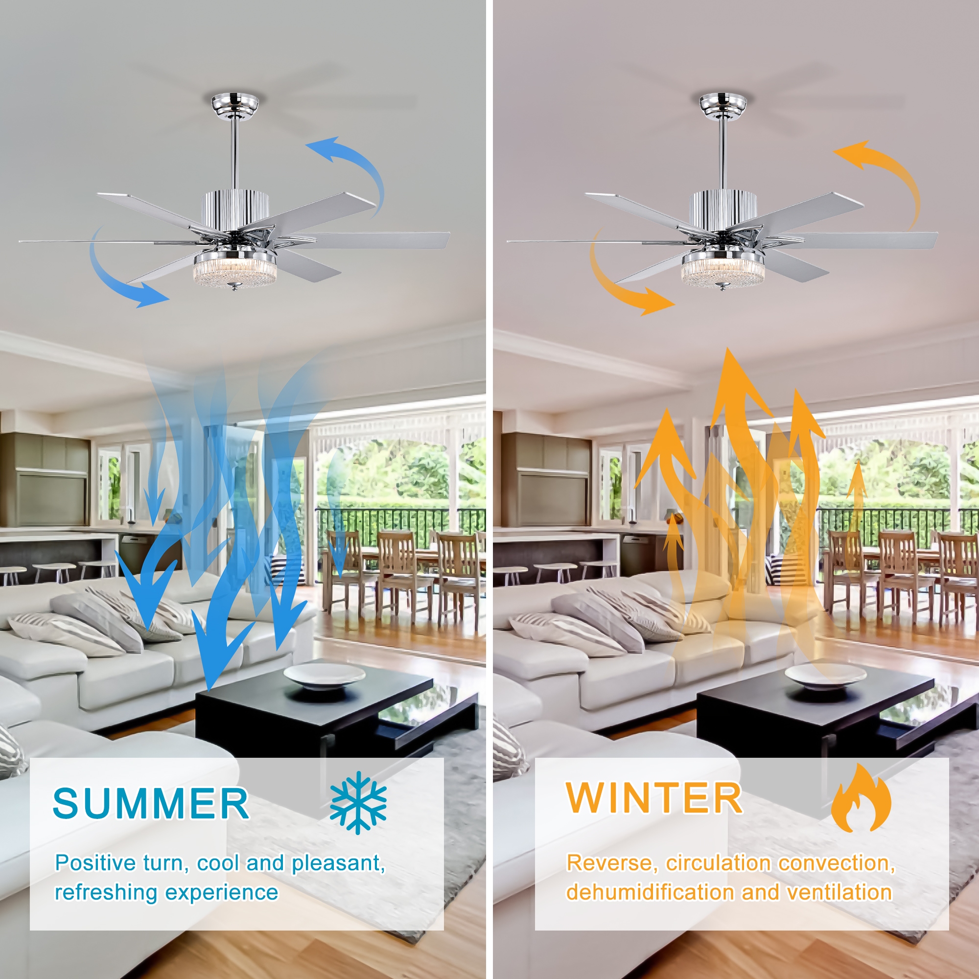 52'' Modern Ceiling Fans with Remote,Wood Ceiling Fan with Lights,LED Ceiling Fan Light with 6 Blade,3 Speed AC Motor Indoor Ceiling Fan for Patio,Living Room,Bedroom--Chrome