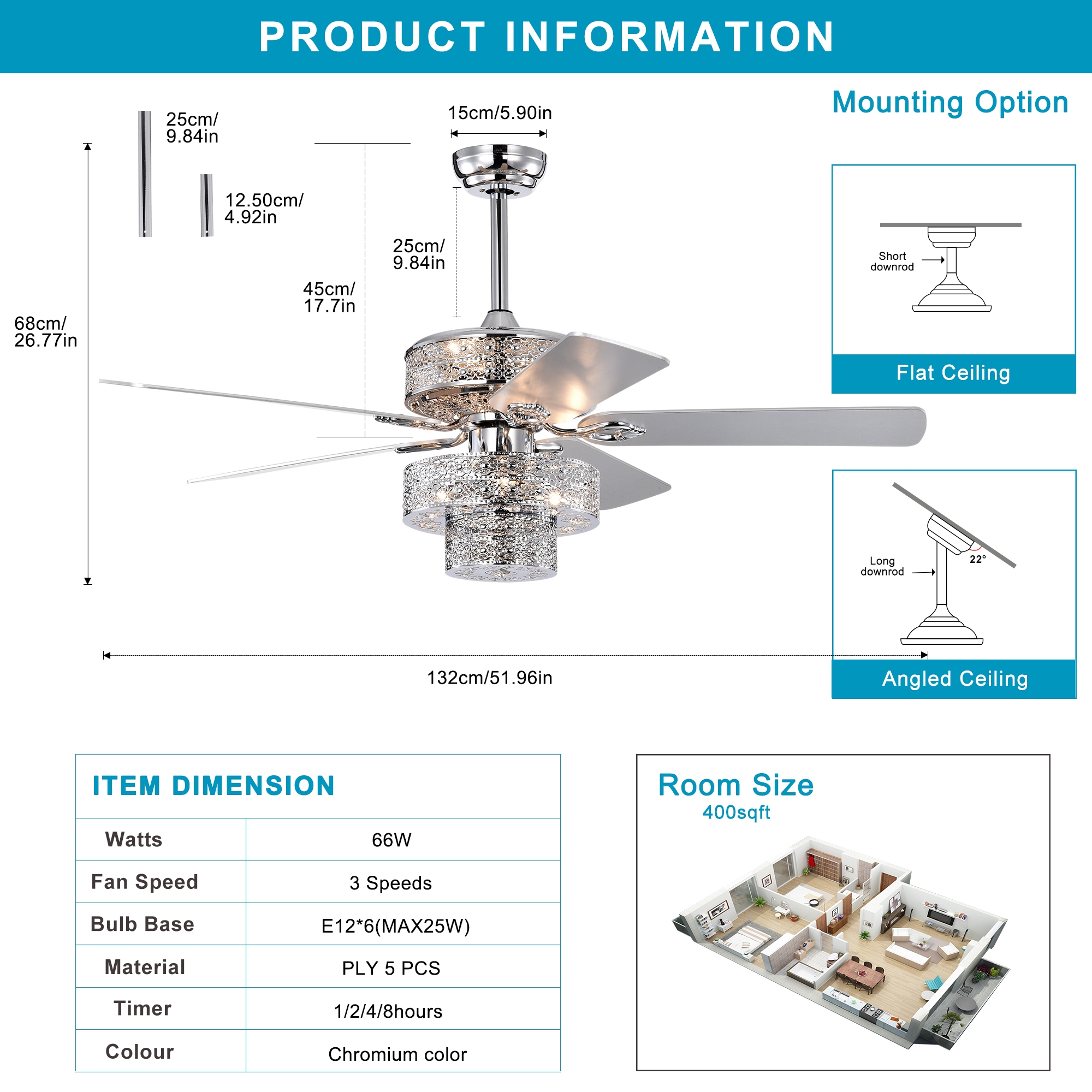 Dual Crystal Lamp Shade Crystal Ceiling Fan with Lights (No Include Bulb) Fandelier Chandelier Reversible Blades 3 Wind Speeds Remote Control for Bedroom Living Dining Room Chrome 52 Inch