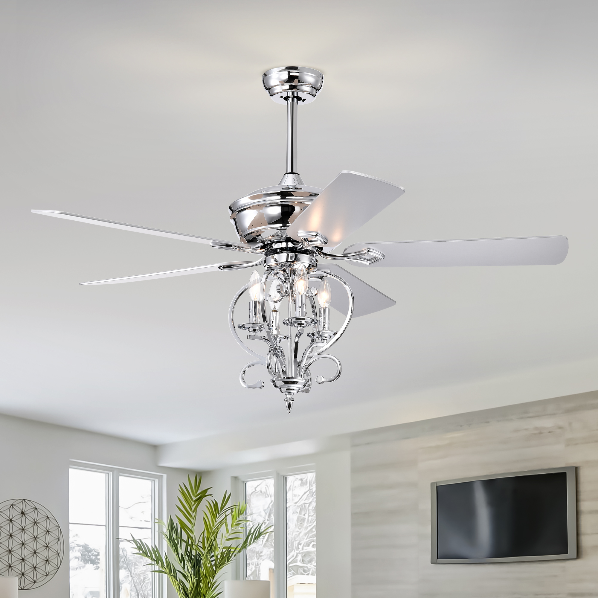 52 inch 4 Lights Ceiling Fan with 5 Wood Blades, Two-color fan blade, AC Motor, Remote Control, Reversible Airflow, 3-Speed, Adjustable Height, Traditional Ceiling Fan for home decorate (Silver)