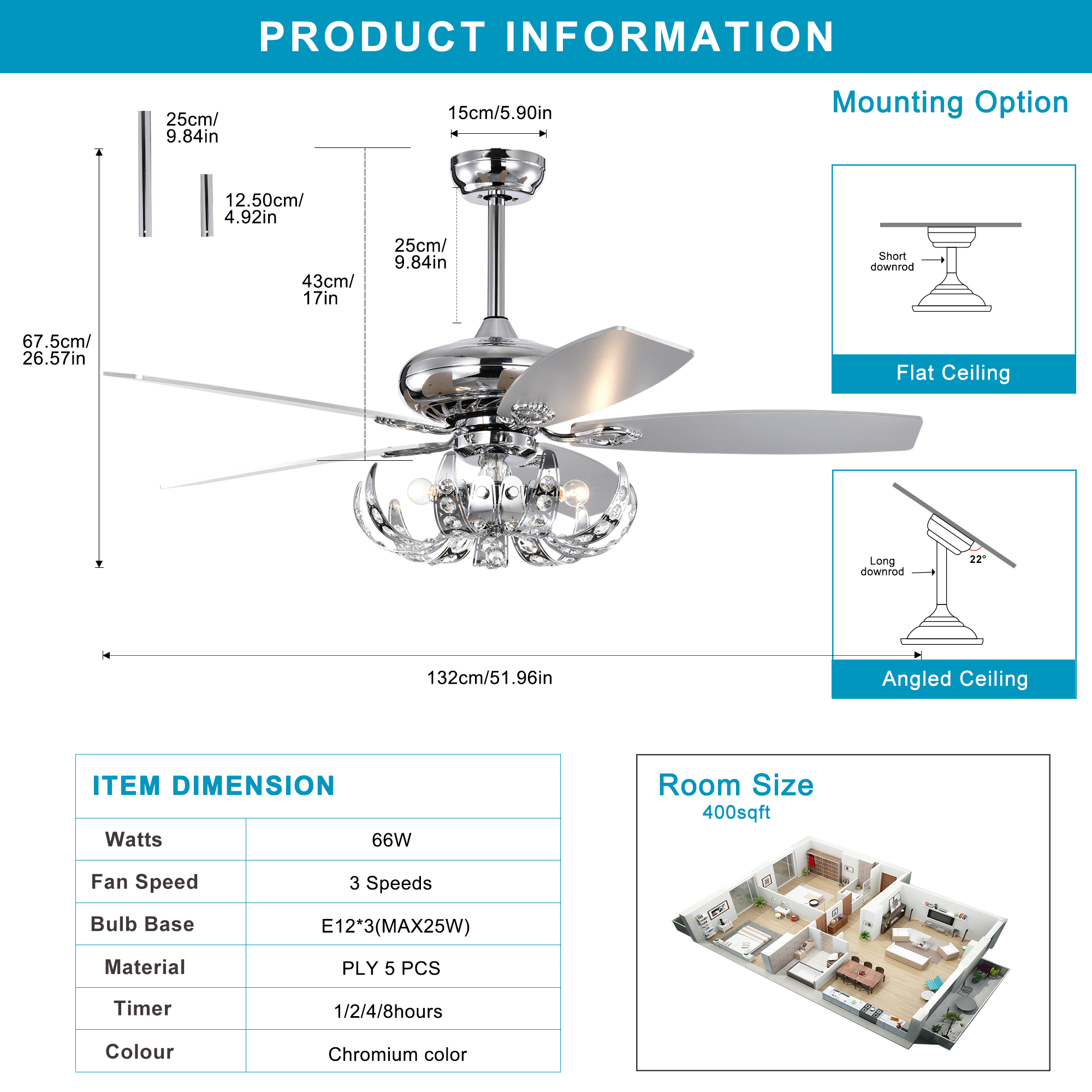 52" Crystal Ceiling Fan with 5 Reversible Blades Light Kit and Remote Control, 3-Speed (High, Mid,Low) Adjustable for Living Room, Bedroom, Kitchen