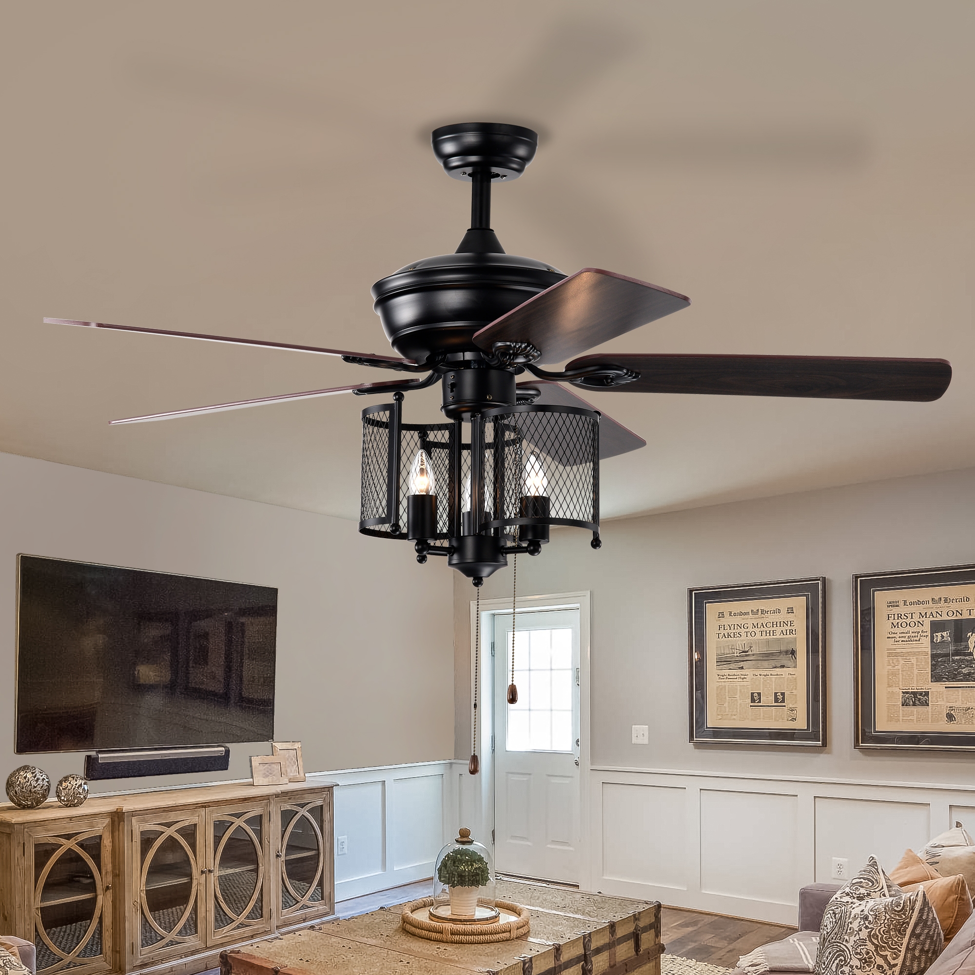 52'' Farmhouse Ceiling Fan  5PCS  Dual Finish Blades  Industrial Fandelier for Living room Bedroom Patio --Matte Black--Hand Pull Chain