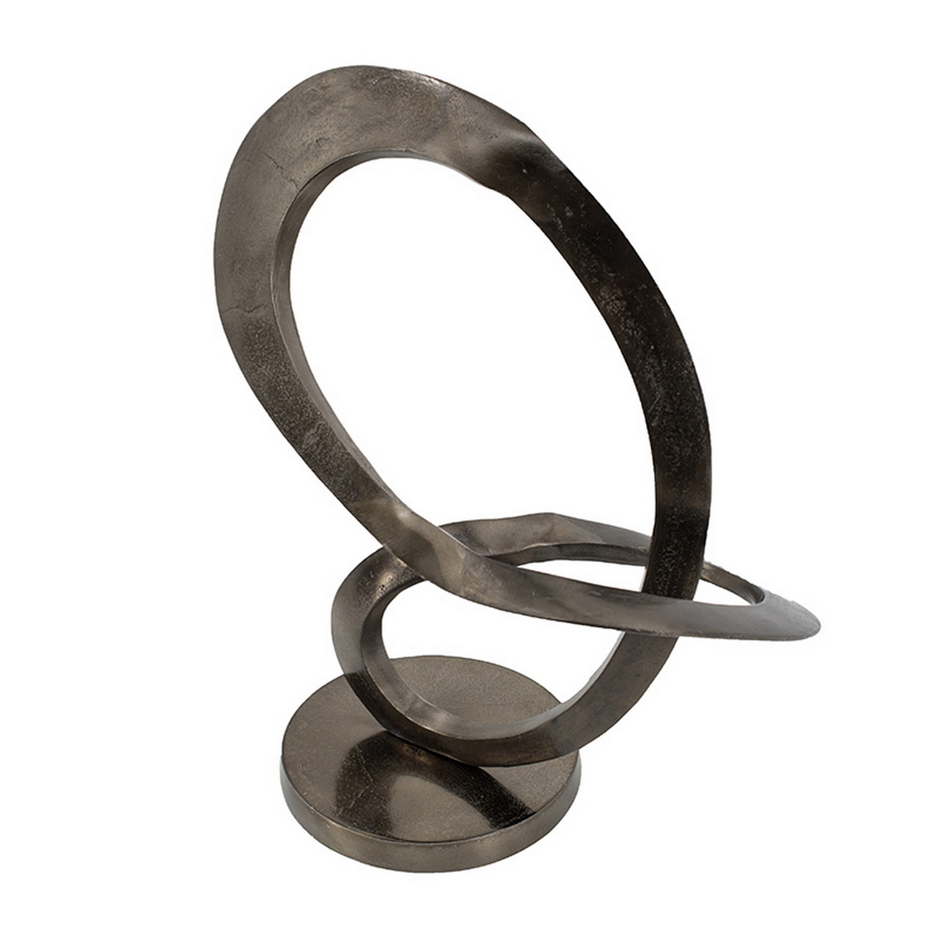 17 Inch Modern Sculpture, Black Aluminum, Tabletop Decor Loop, Round Base