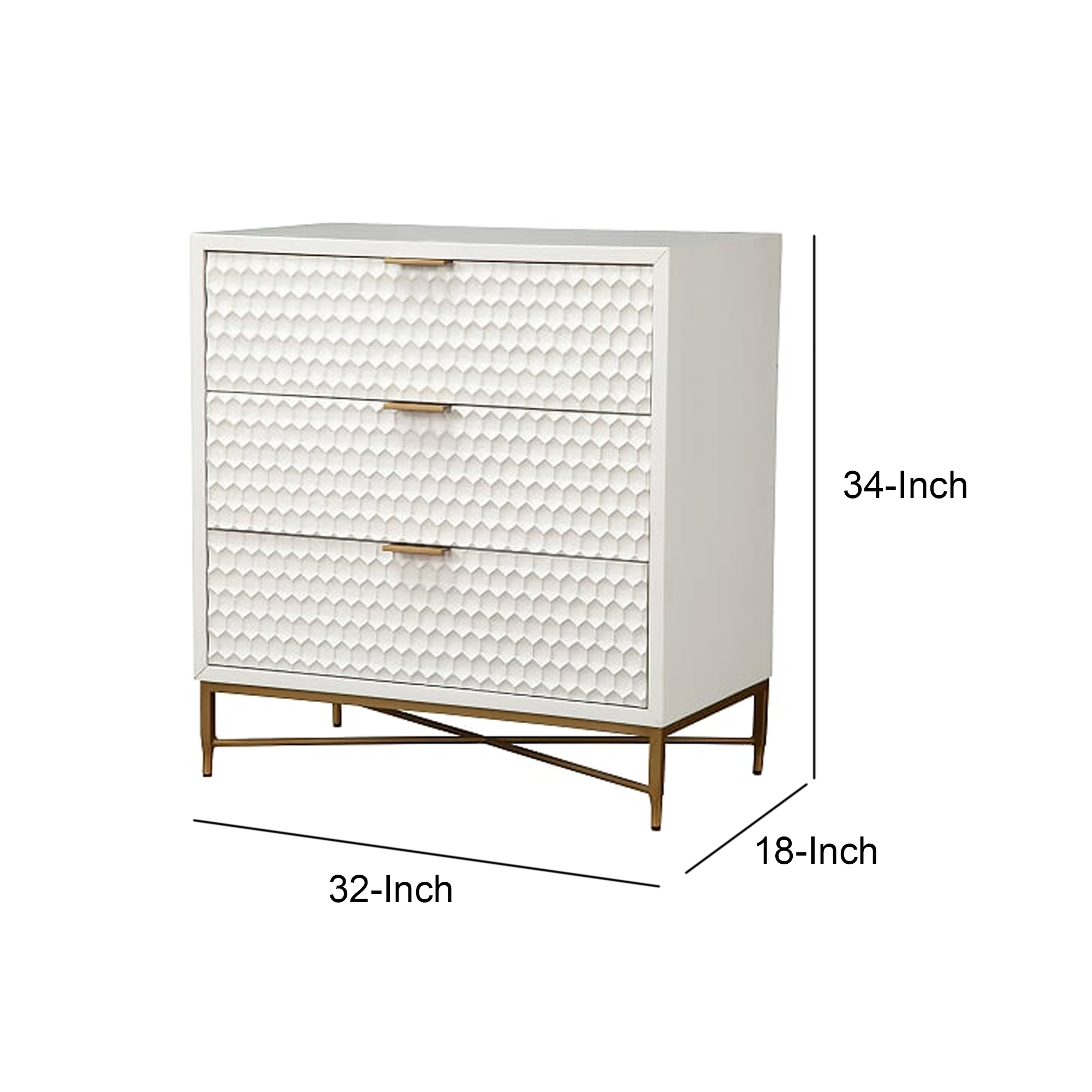 Honeycomb Design 3 Drawer Chest with Metal Legs, Small, White