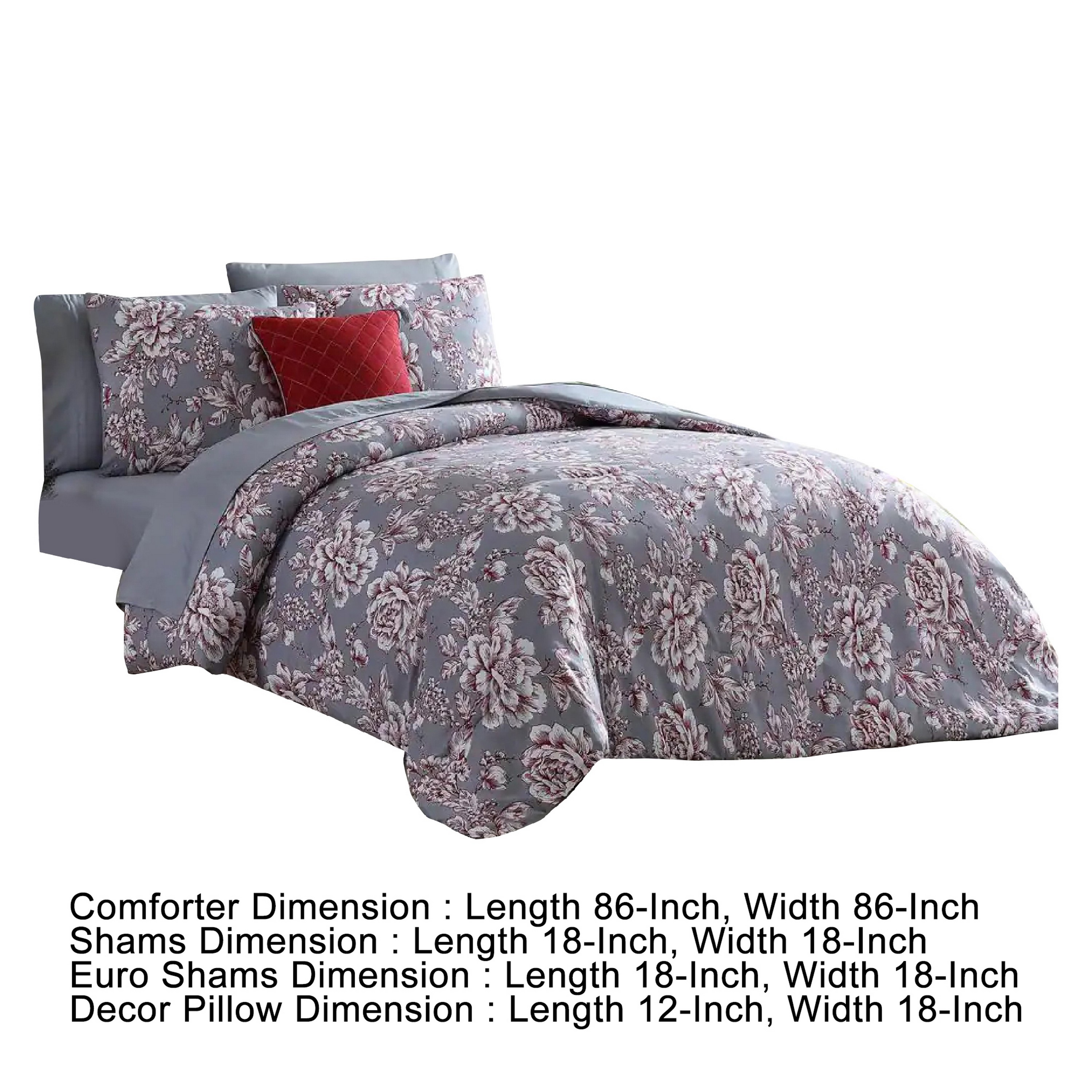 Tyler 8 Piece Microfiber Queen Bed Set, Floral Print, The Urban Port, Gray