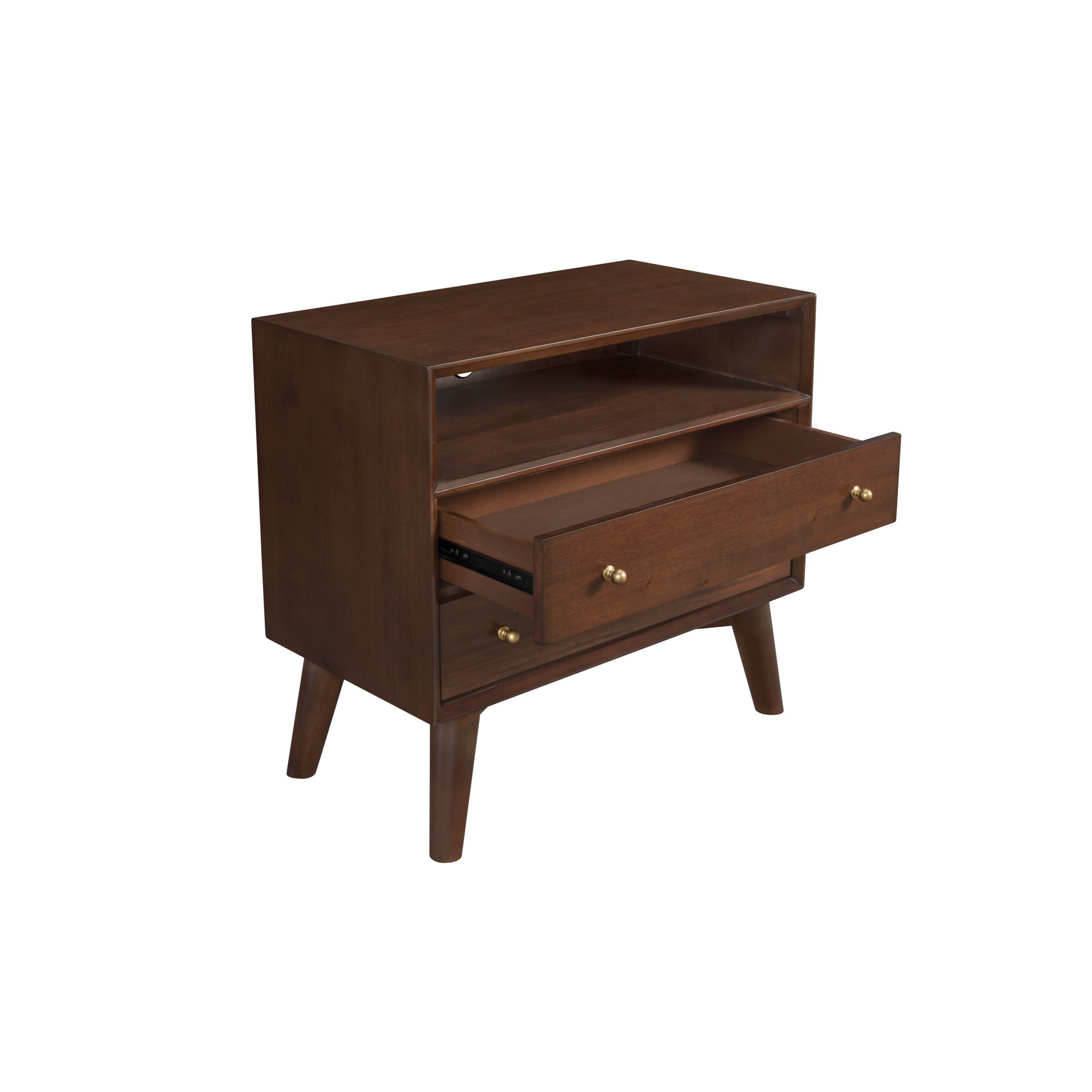 Ian 28 Inch 2 Drawer Nightstand, Open Cubby, Mahogany Wood, Walnut Brown