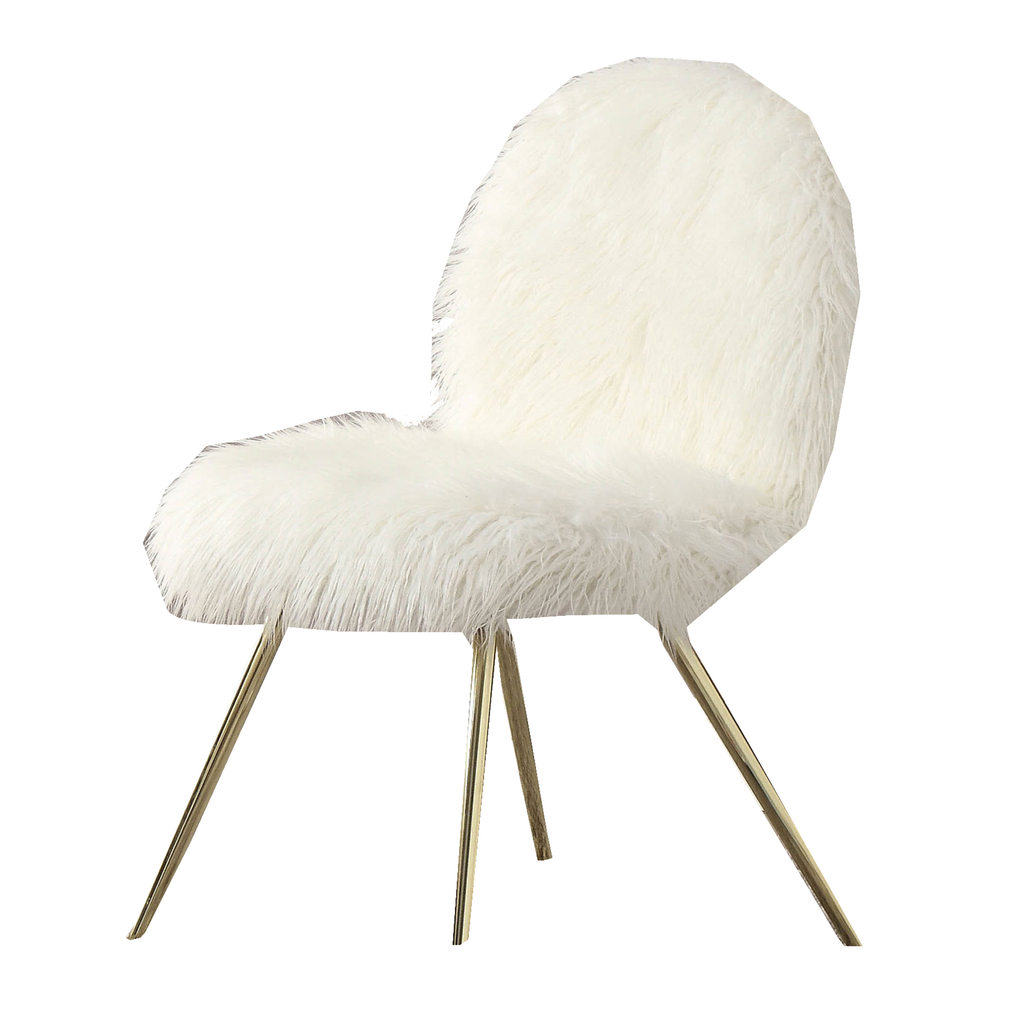 Faux Fur Upholstered Contemporary Metal Accent Chair, White and Gold