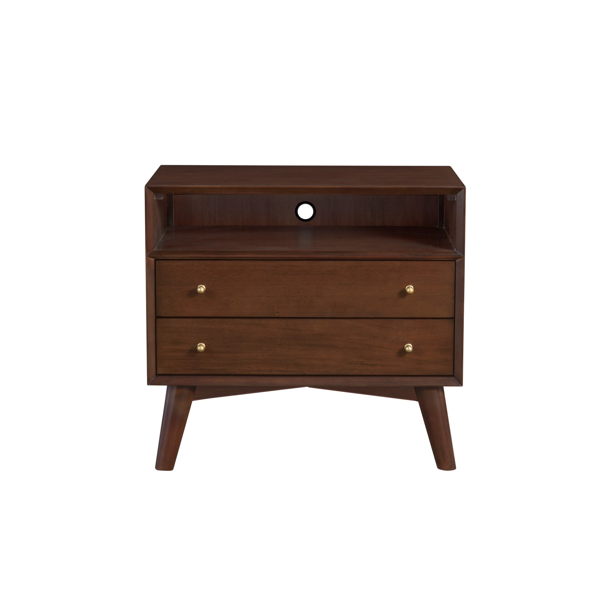 Ian 28 Inch 2 Drawer Nightstand, Open Cubby, Mahogany Wood, Walnut Brown