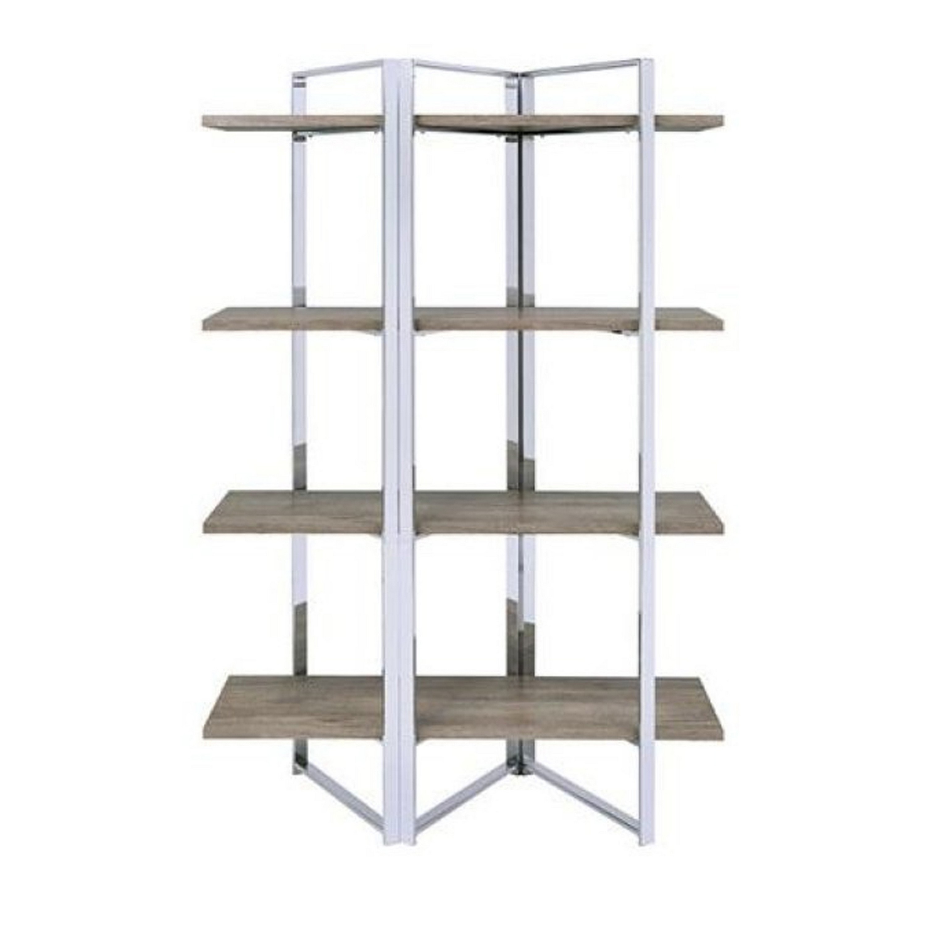 Geometric Metal Framed Bookshelf with Four Open Wooden Shelves, Brown and Silver