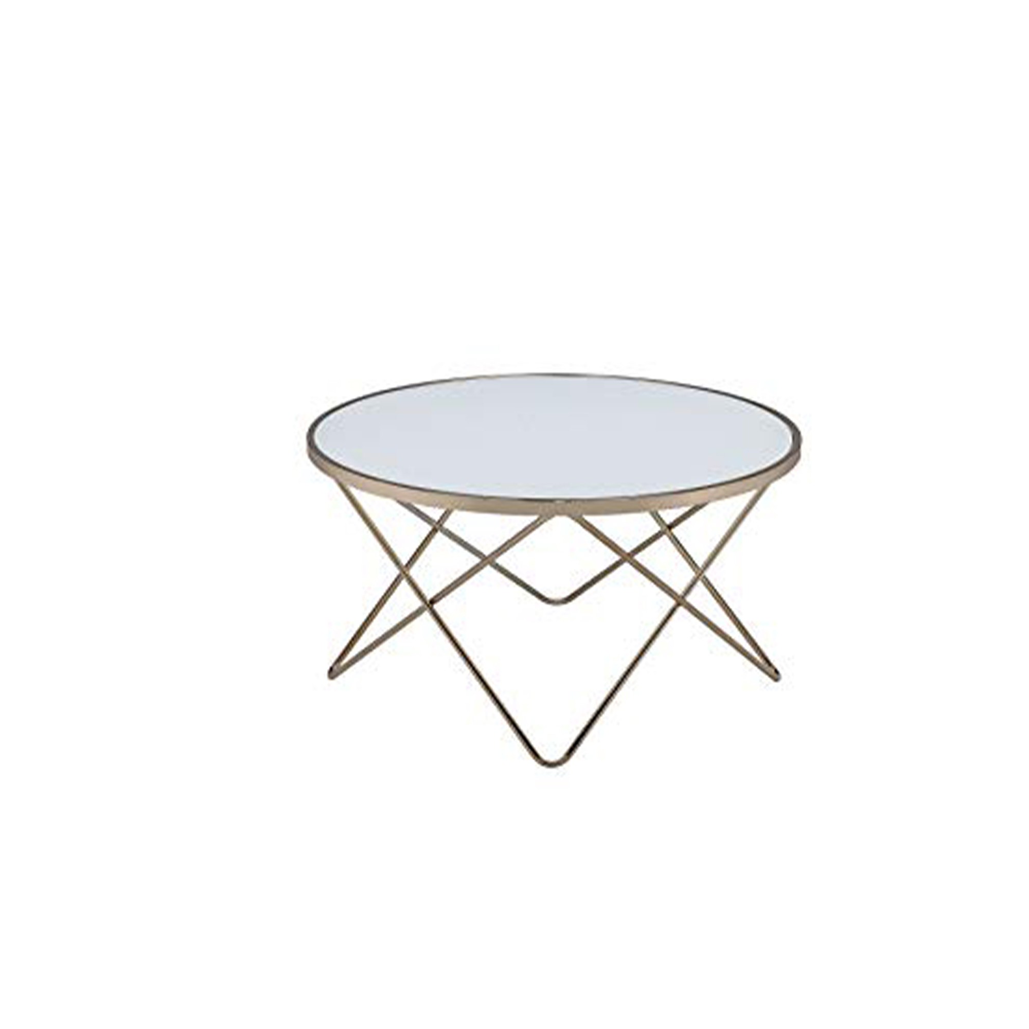 Contemporary Style Round Glass and Metal Coffee Table, White and Gold