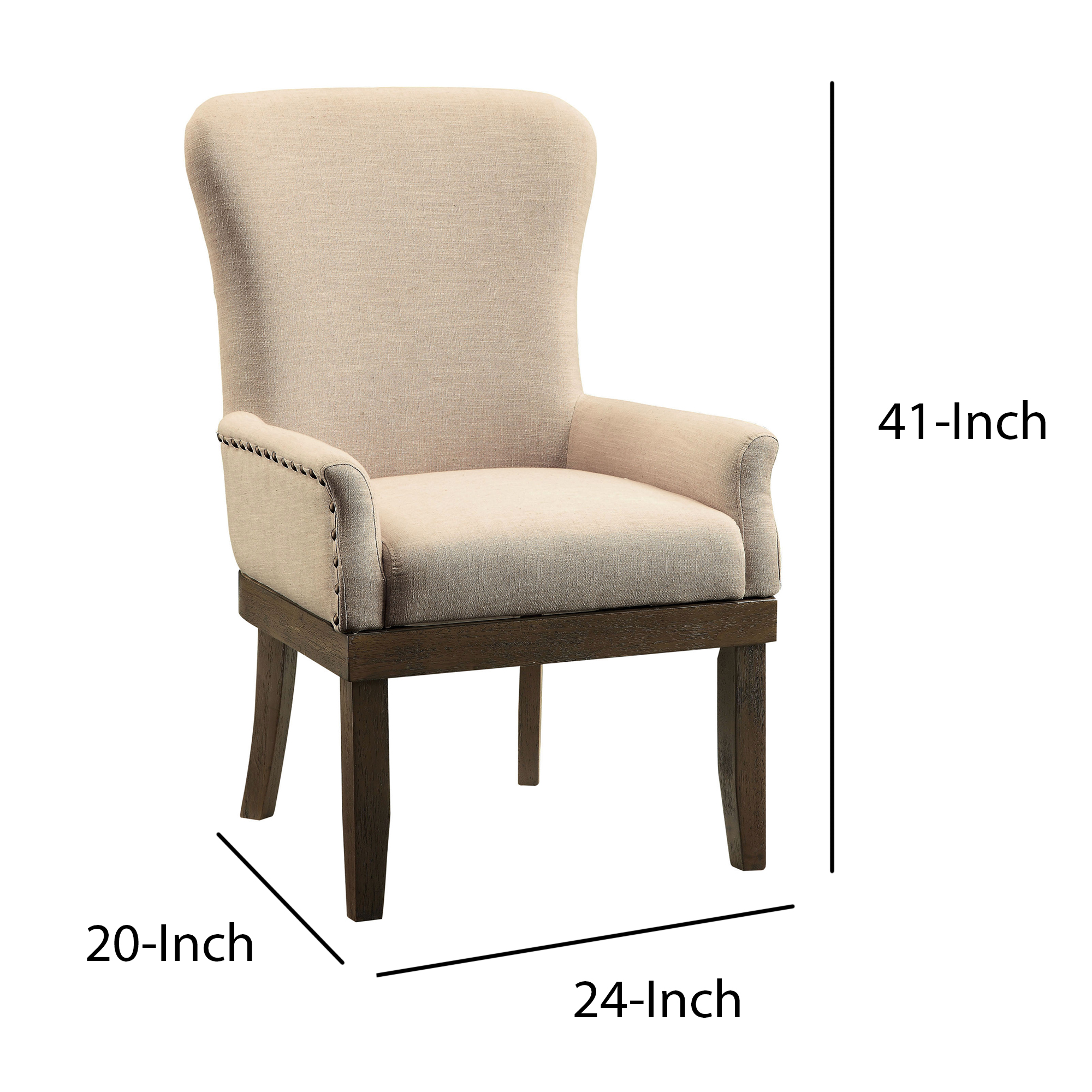 Wooden Arm Chair with Wing Back and Nailhead Trims, Beige and Brown