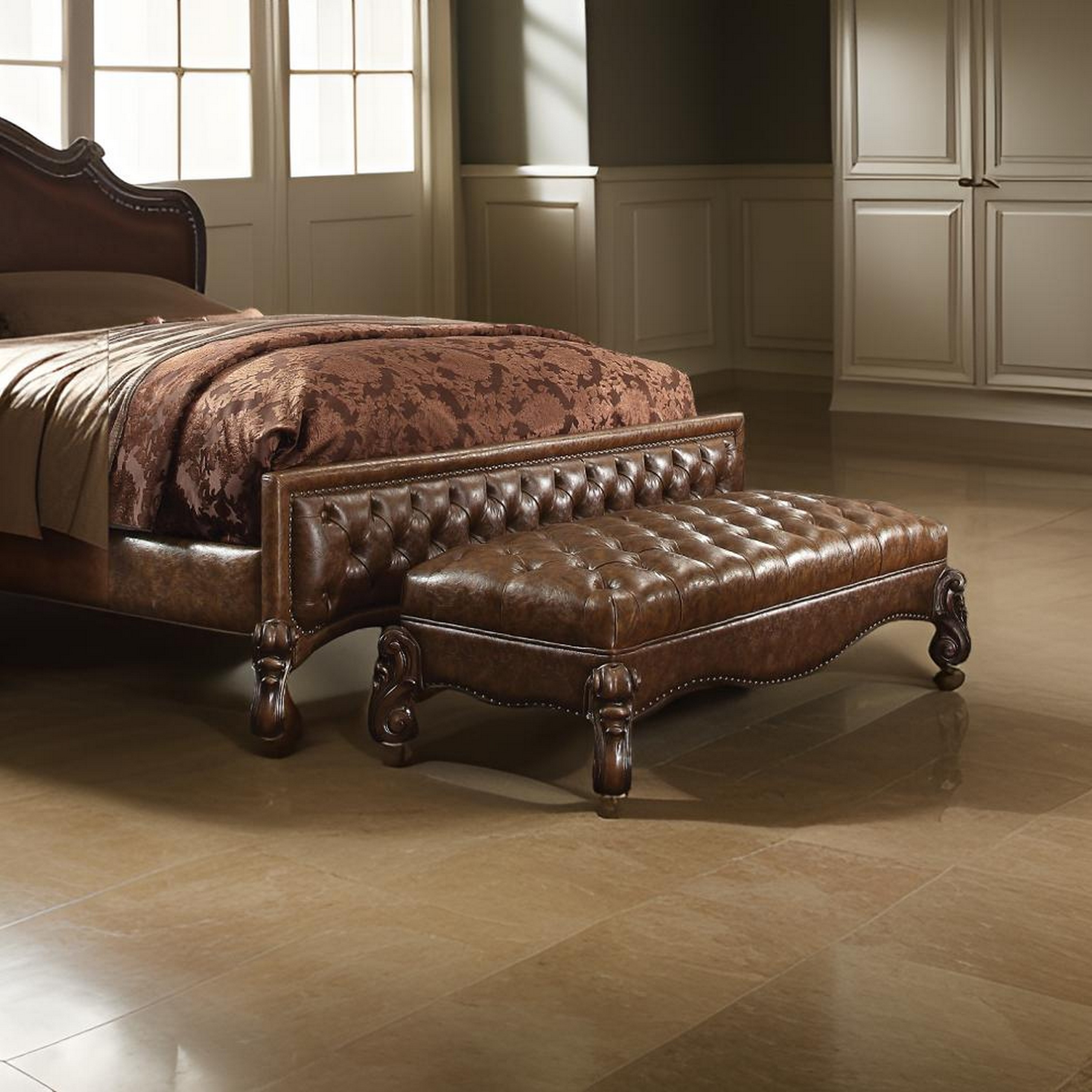 Polyurethane Wood Bench, Antiqued Brown