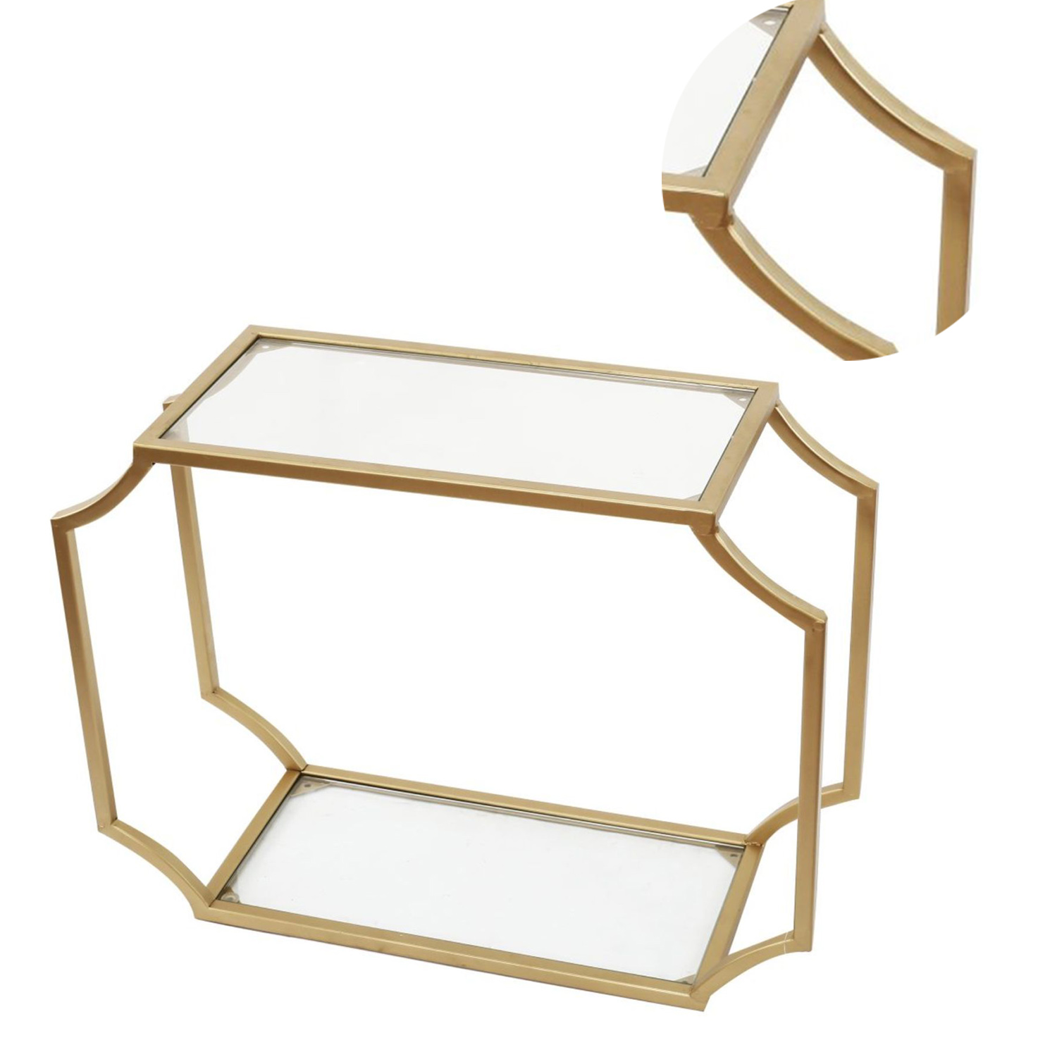 Metal Wall Shelf with Two Glass Shelves and Smooth Chamfered Corners, Gold and Clear