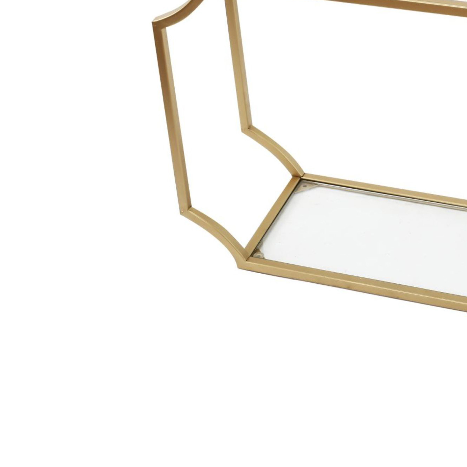 Metal Wall Shelf with Two Glass Shelves and Smooth Chamfered Corners, Gold and Clear