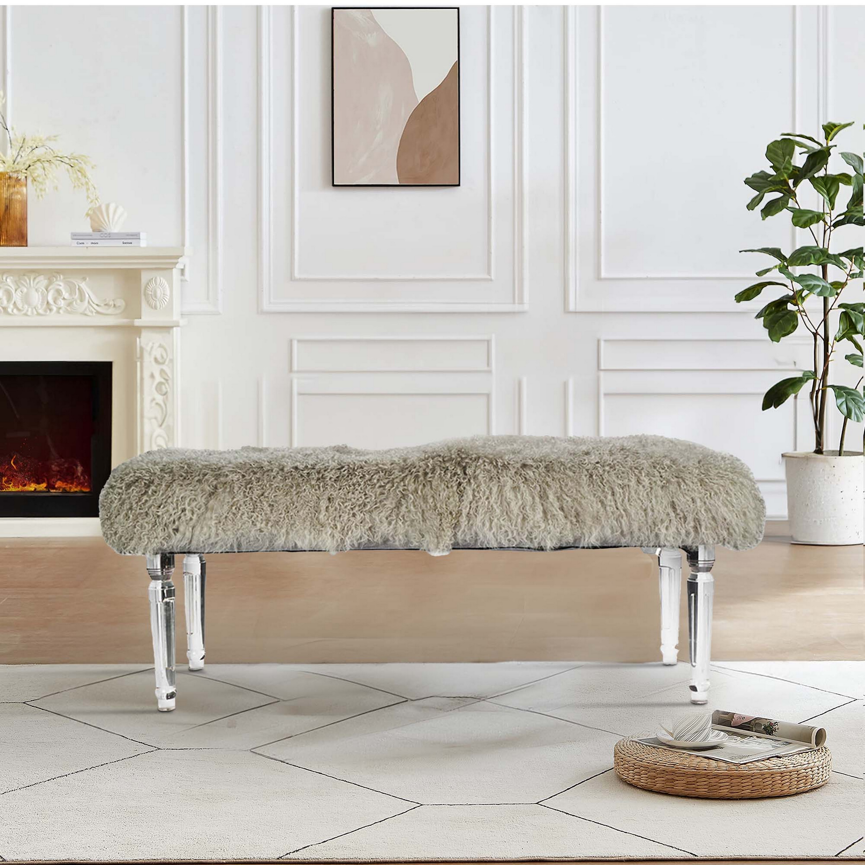 49 Inch Accent Bench, Faux Fur Seat, Clear Acrylic Legs, Smooth Rich Brown