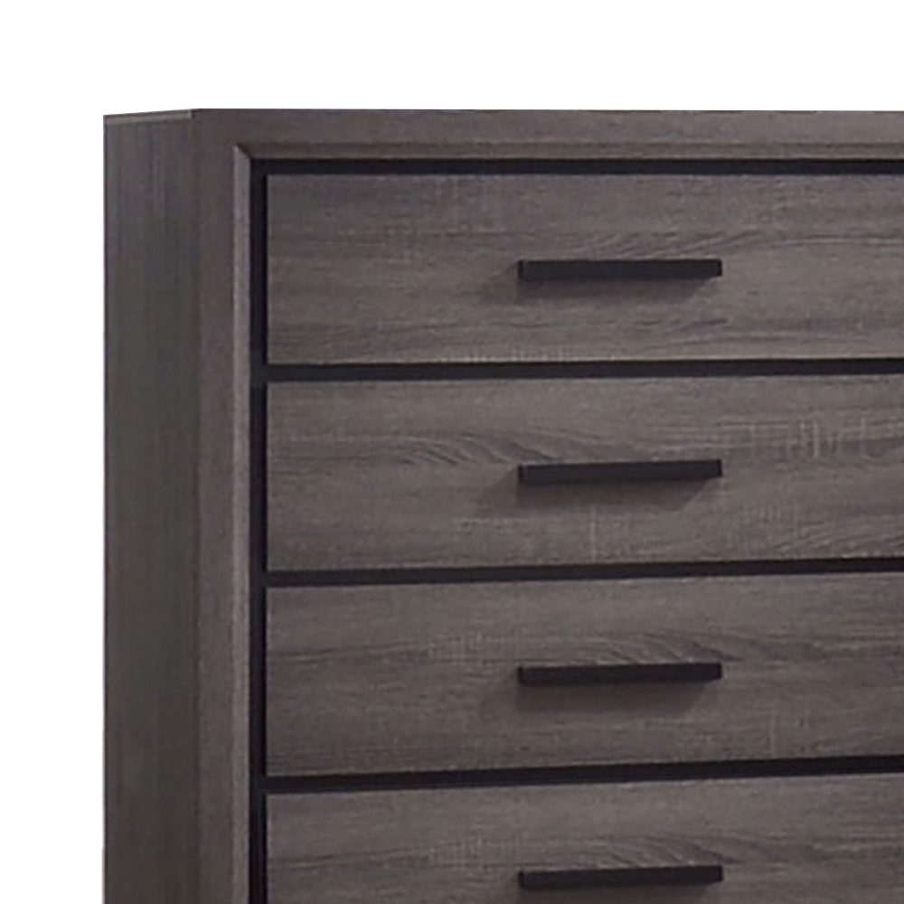 Wooden Chest with 5 Drawers and Finger Pull Handle, Gray and Black