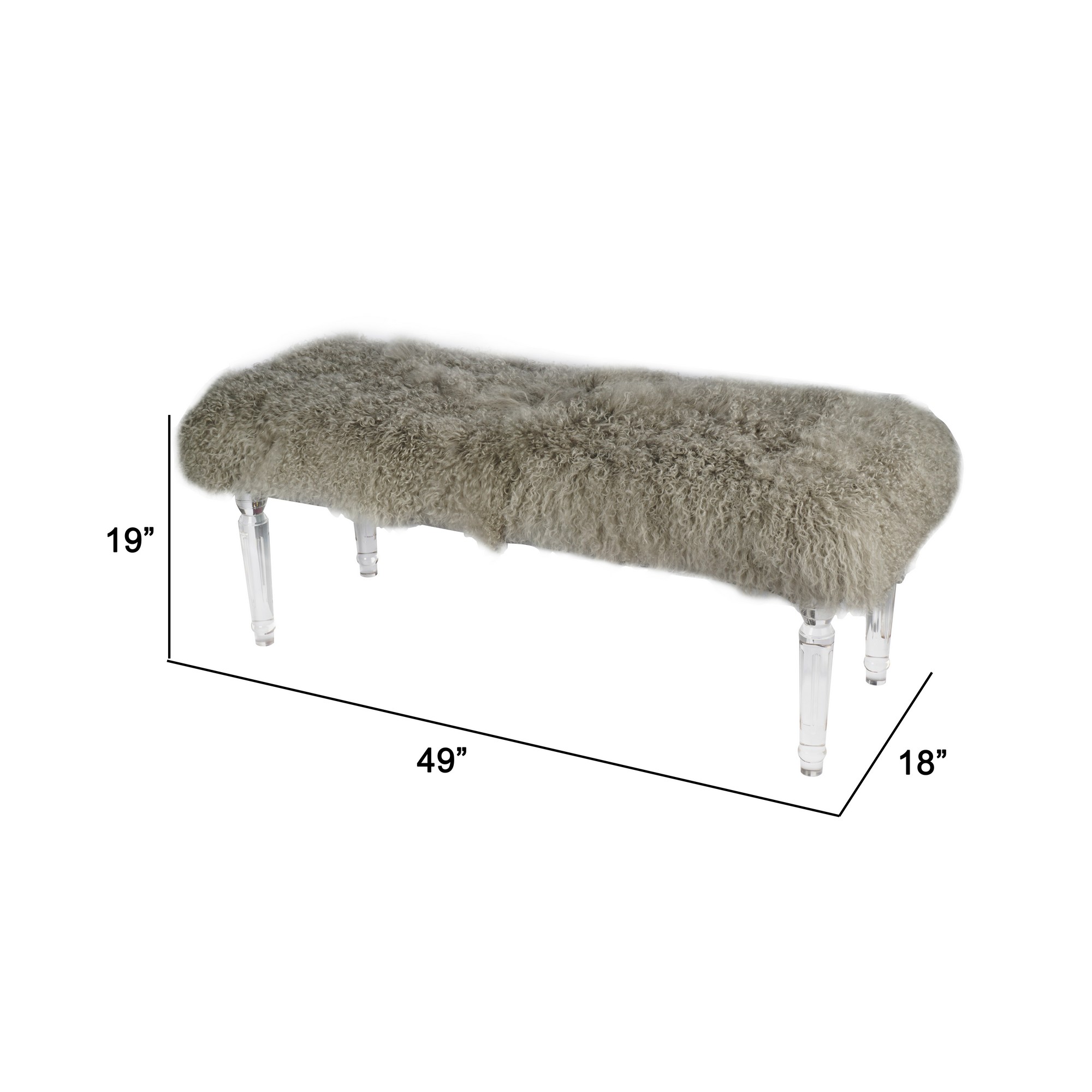 49 Inch Accent Bench, Faux Fur Seat, Clear Acrylic Legs, Smooth Rich Brown