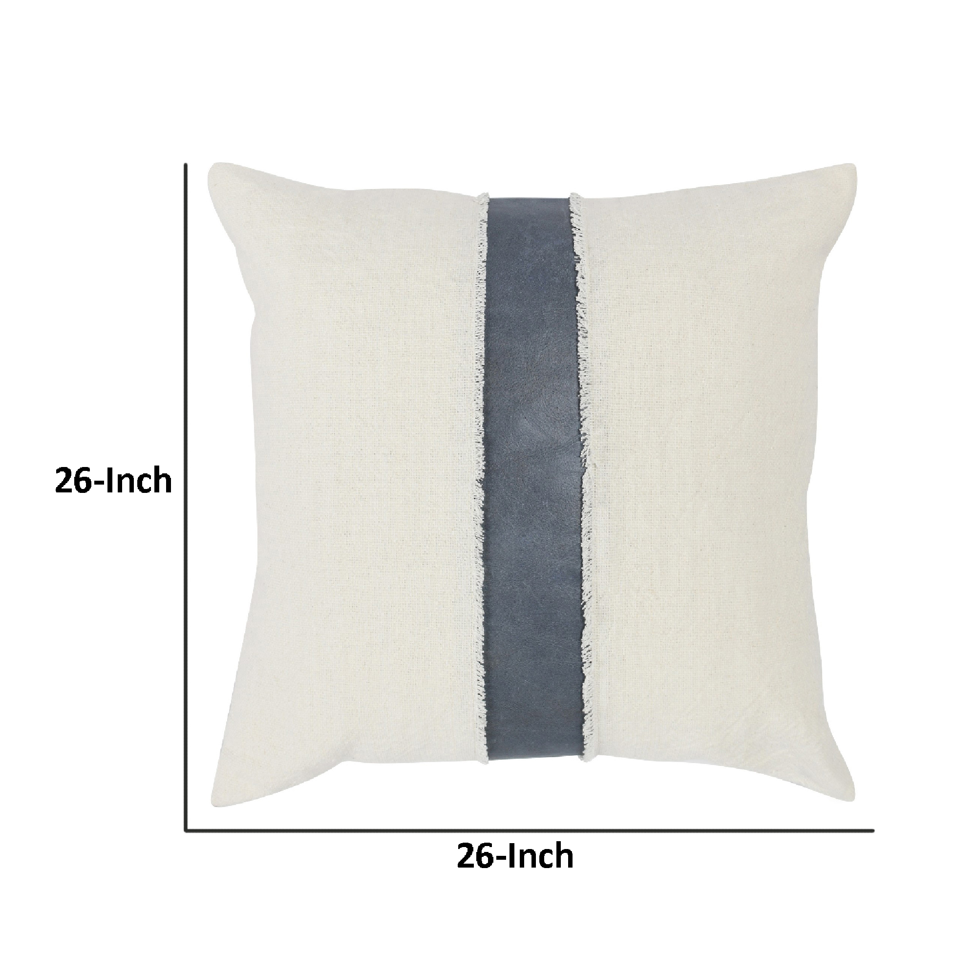 26 x 26 Accent Throw Pillow, Faux Leather Center, Fringed, White, Gray