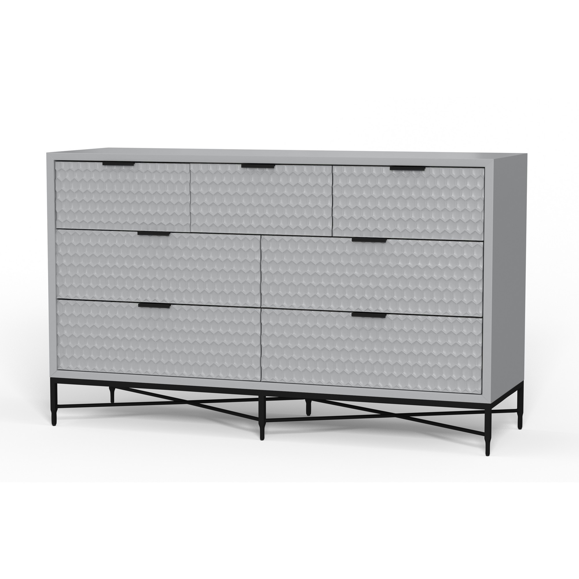 Rexi 56 Inch 7 Drawer Dresser, Honeycomb, Mahogany Wood, Light Gray, Black