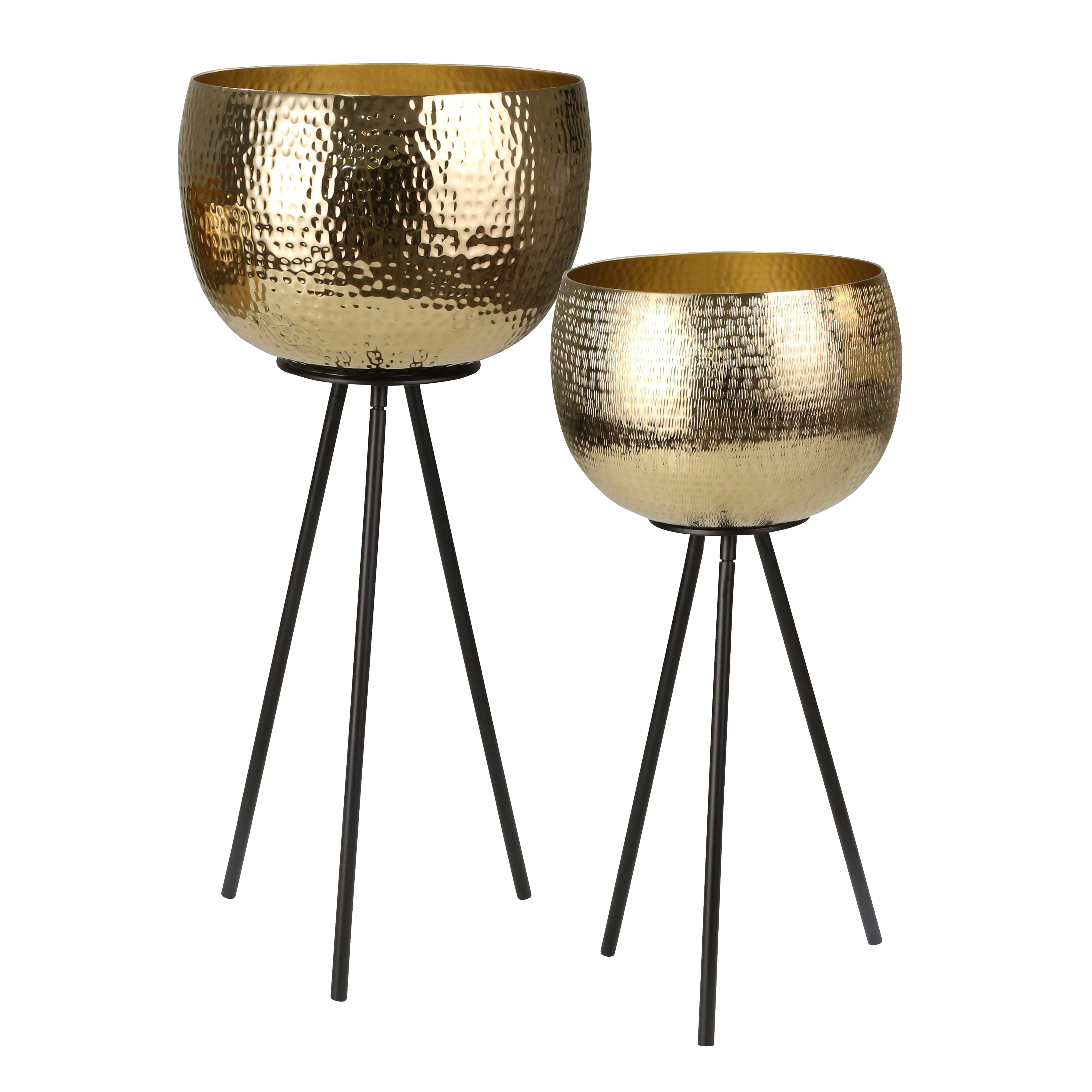 Hammered Textured Metal Bowl Planters on Tripod Base, Set of 2, Gold and Black